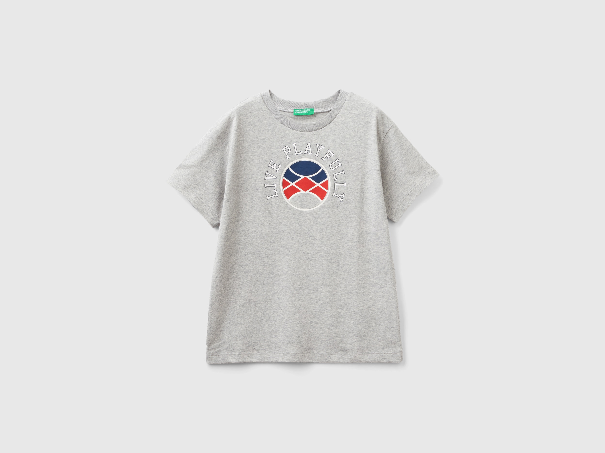 Image of Benetton, Short Sleeve T-shirt In Organic Cotton, size L, Light Gray, Kids