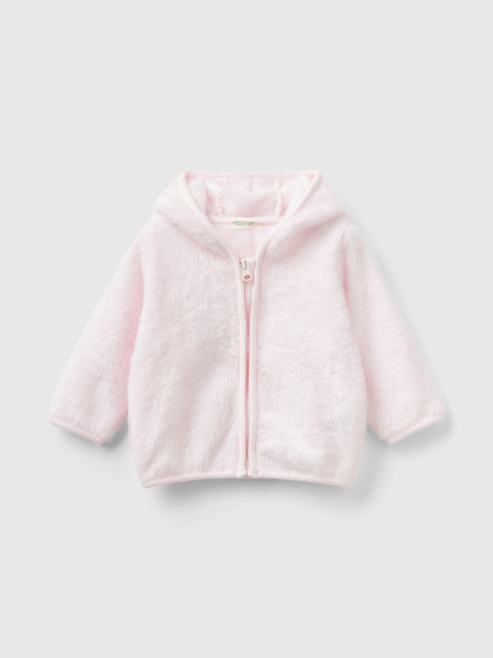 Benetton, Faux Fur Sweatshirt With Zip, Soft Pink, Kids