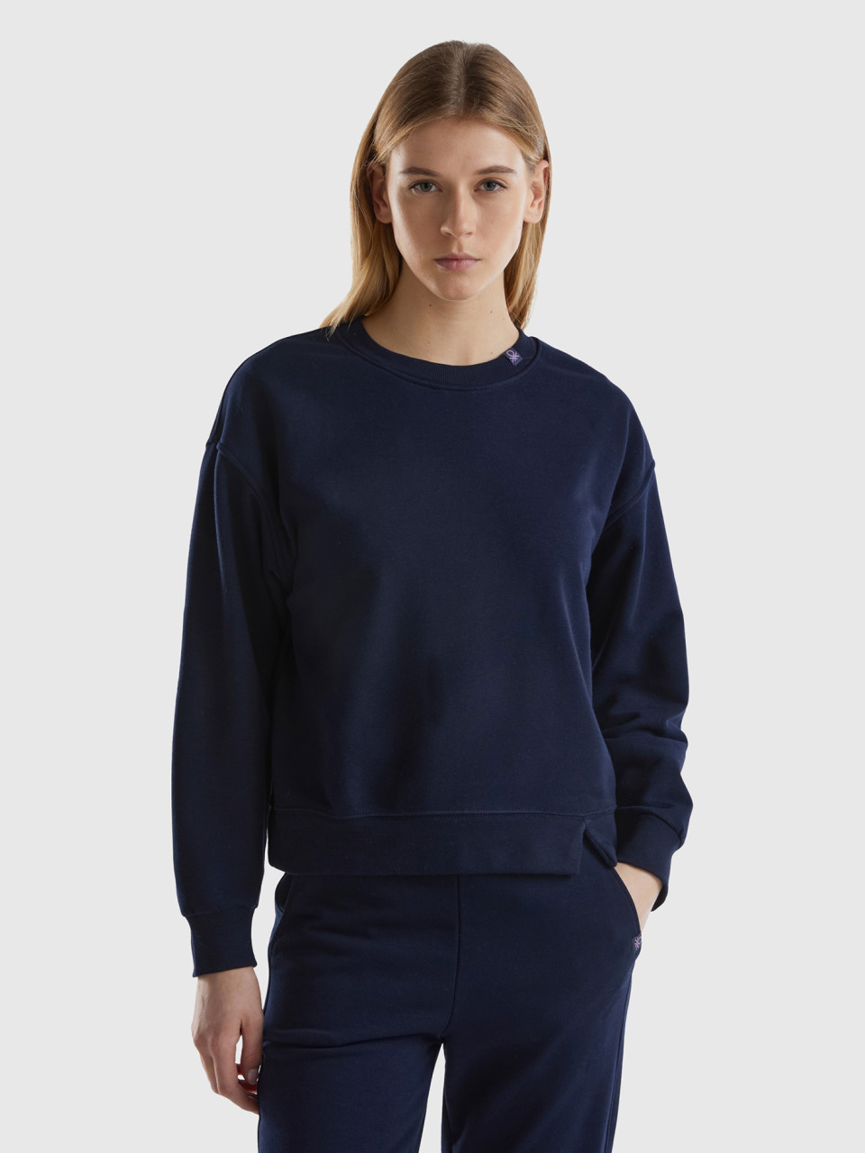Benetton, Pullover Sweatshirt In Cotton Blend, Dark Blue, Women