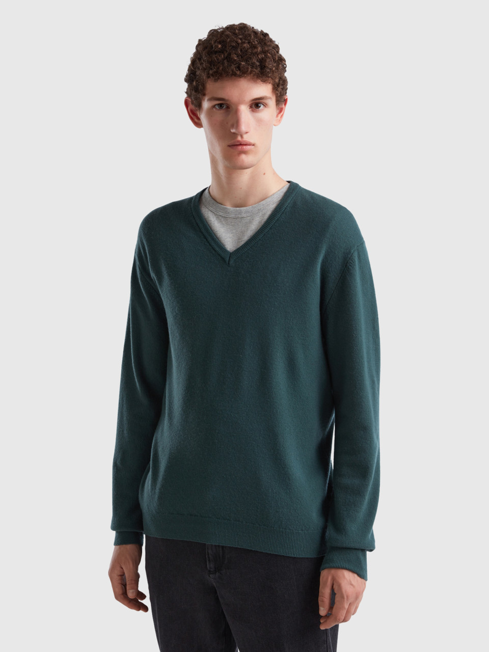 Benetton, Dark Green V-neck Sweater In Pure Merino Wool, Dark Green, Men