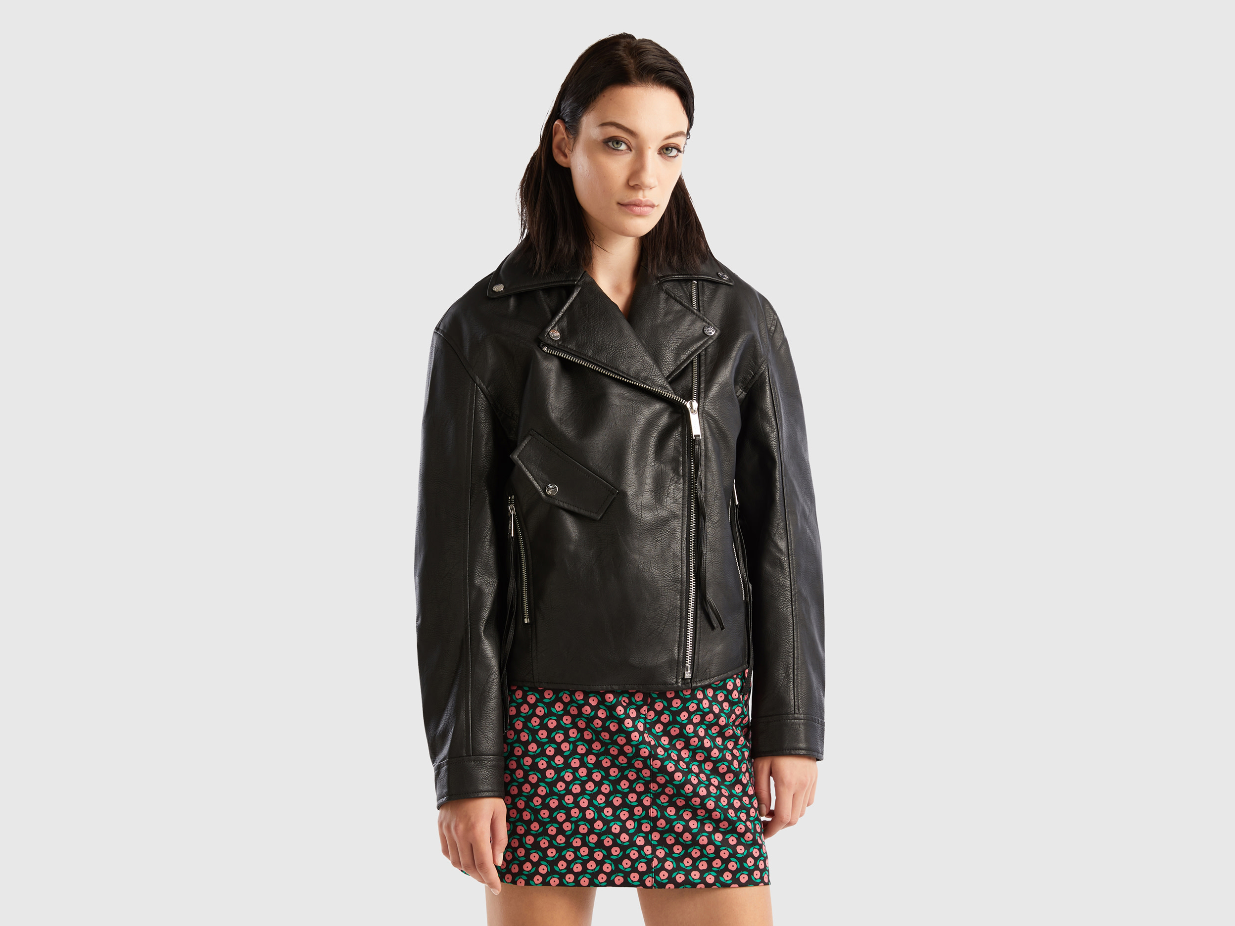 Benetton, Biker Jacket In Imitation Leather, size M, Black, Women