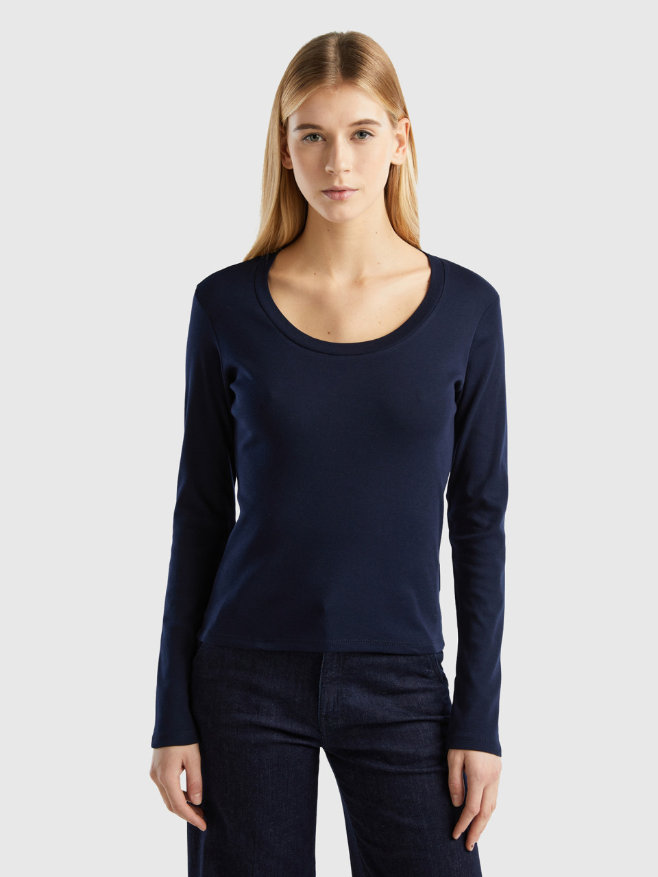 Benetton, Long Sleeve Pure Cotton T-shirt, Dark Blue, Women