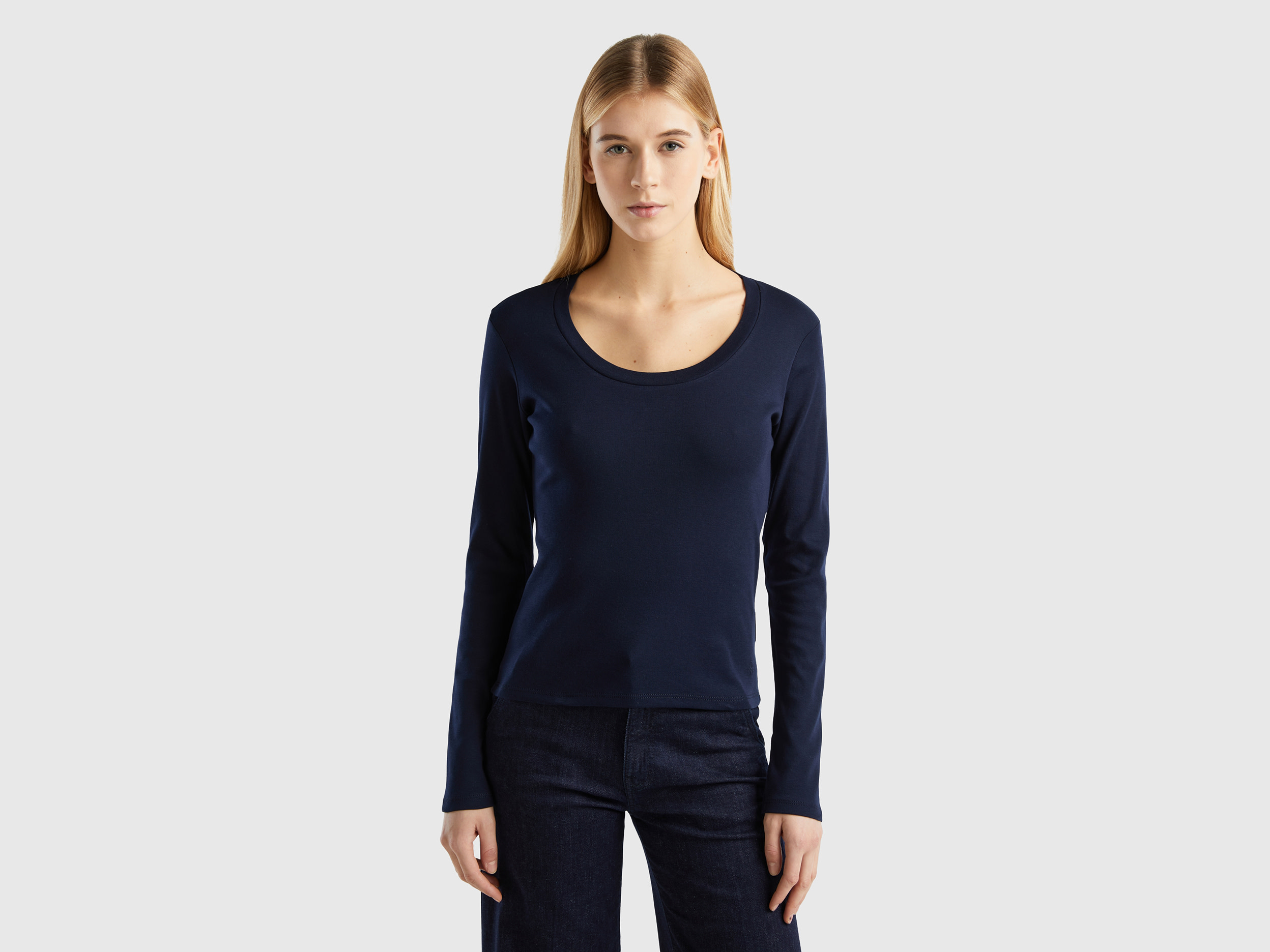 Benetton, T-shirt Manica Lunga In Puro Cotone, Blu Scuro, Donna