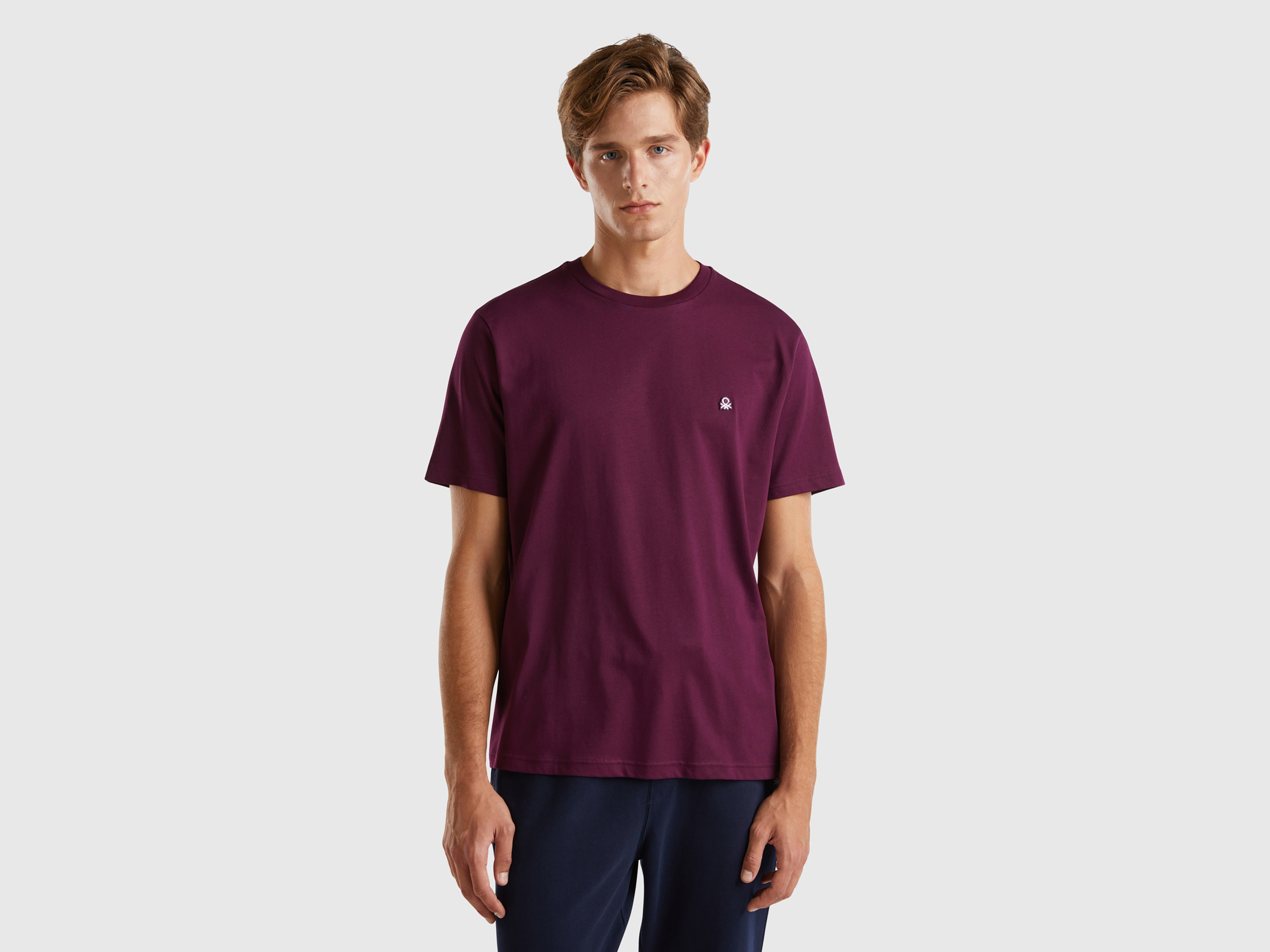 Benetton, T-shirt Basica 100% Cotone Bio, Prugna, Uomo