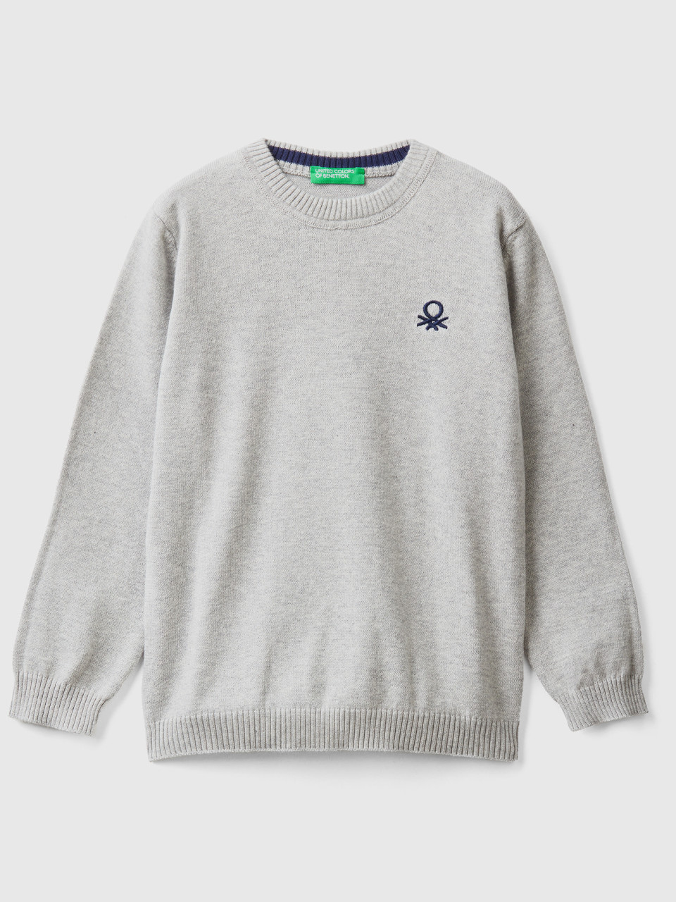 Benetton, Regular Fit Sweater In 100% Cotton, Light Gray, Kids