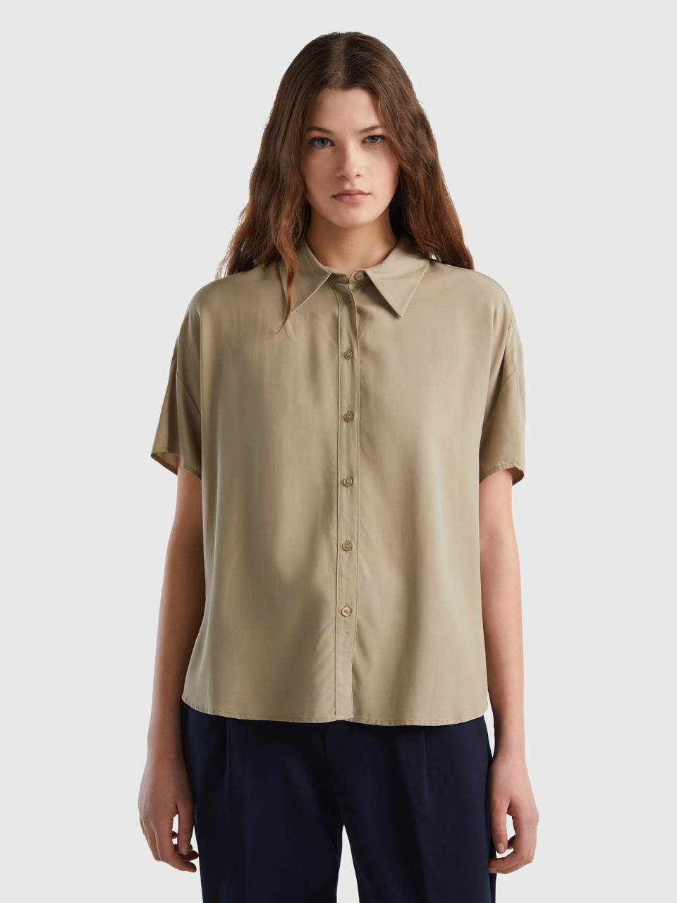Benetton, Short Sleeve Shirt In Sustainable Viscose, Light Green, Women