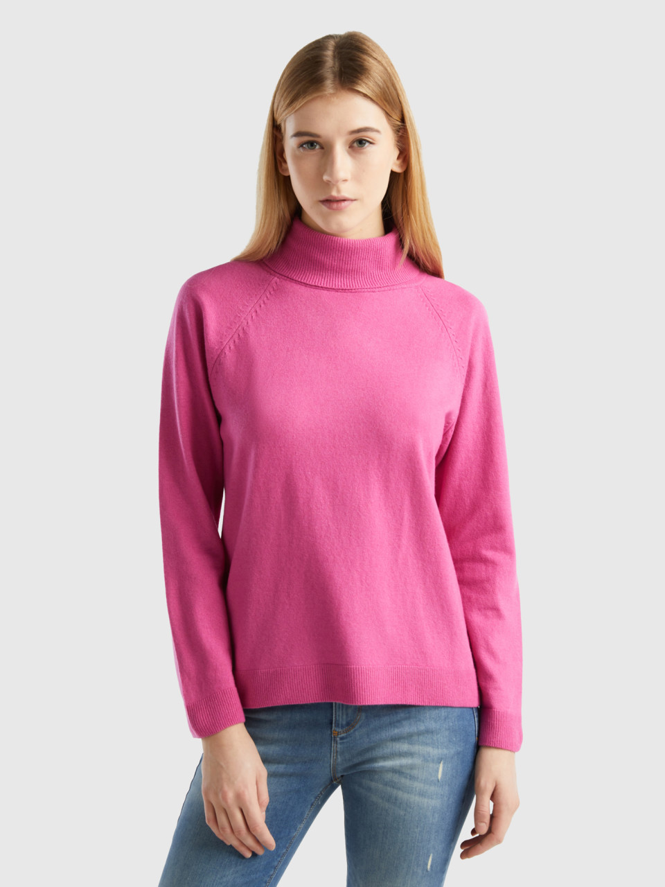 Benetton, Pink Turtleneck Sweater In Cashmere And Wool Blend, Pink, Women