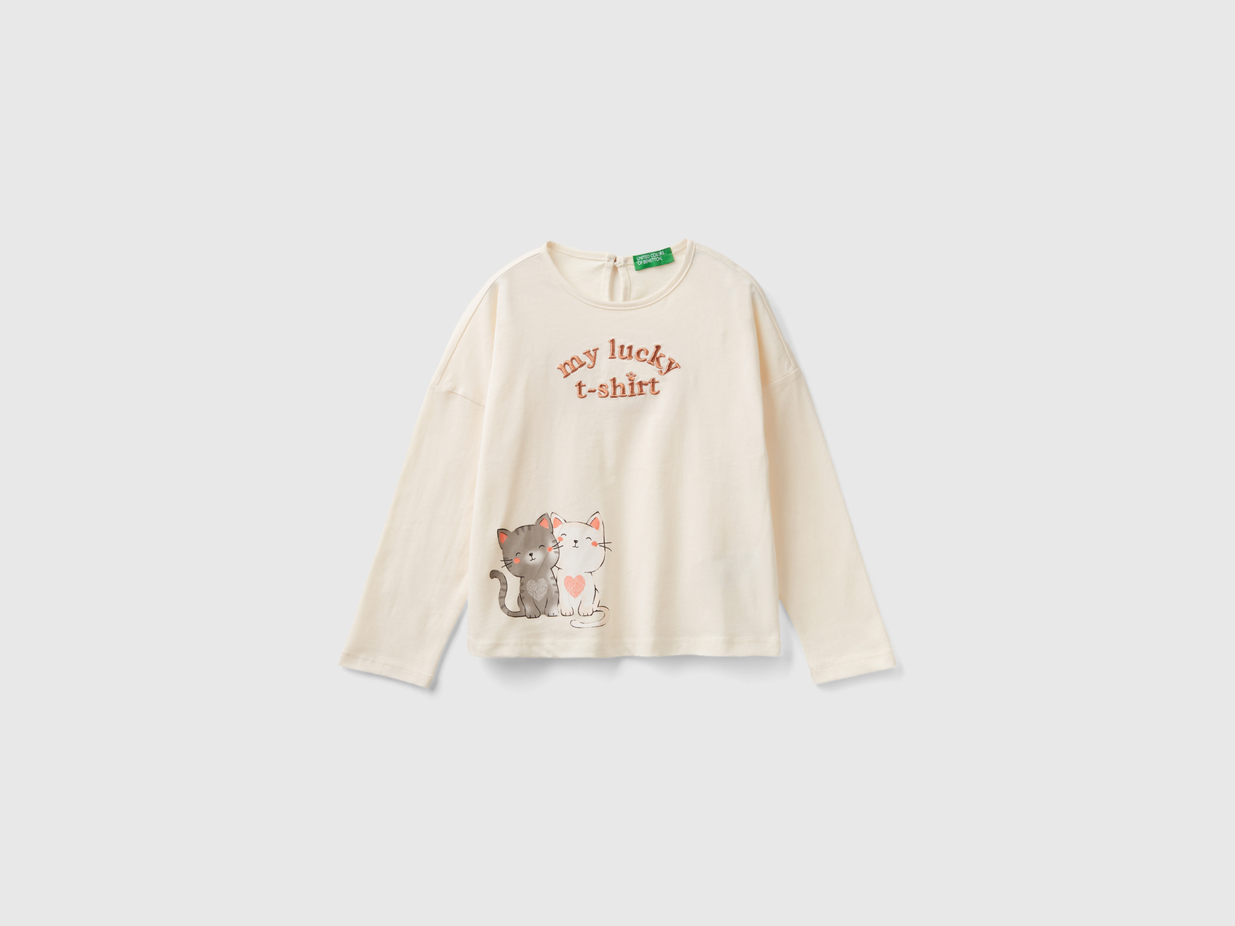 Benetton, T-shirt Con Stampa Gattini, Bianco Panna, Bambini