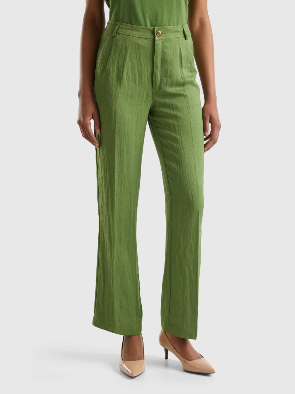 Benetton, Pantaloni In Misto Viscosa Sostenibile, Verde Militare, Donna