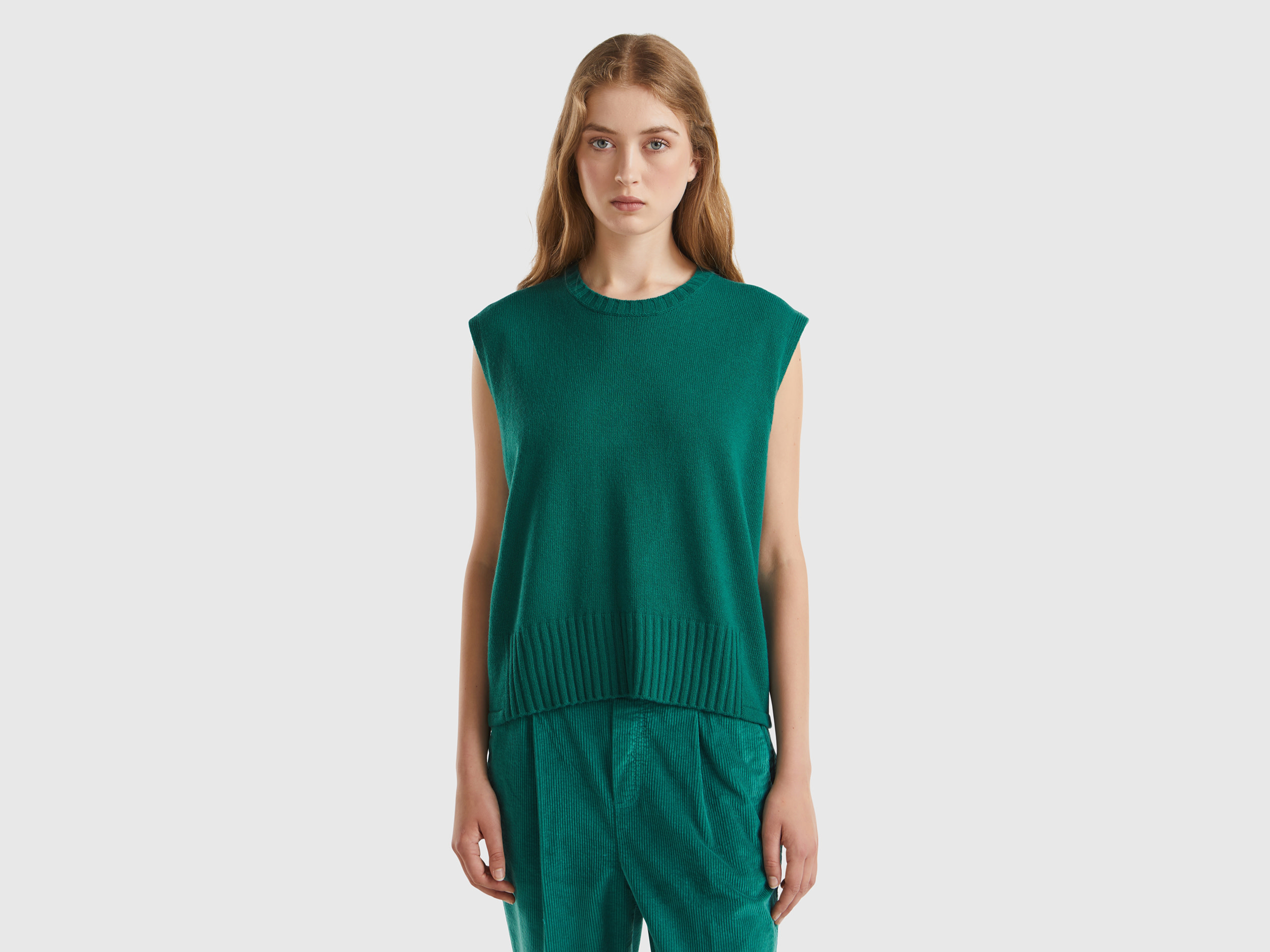Benetton, Gilet In Misto Lana E Viscosa, Verde Scuro, Donna