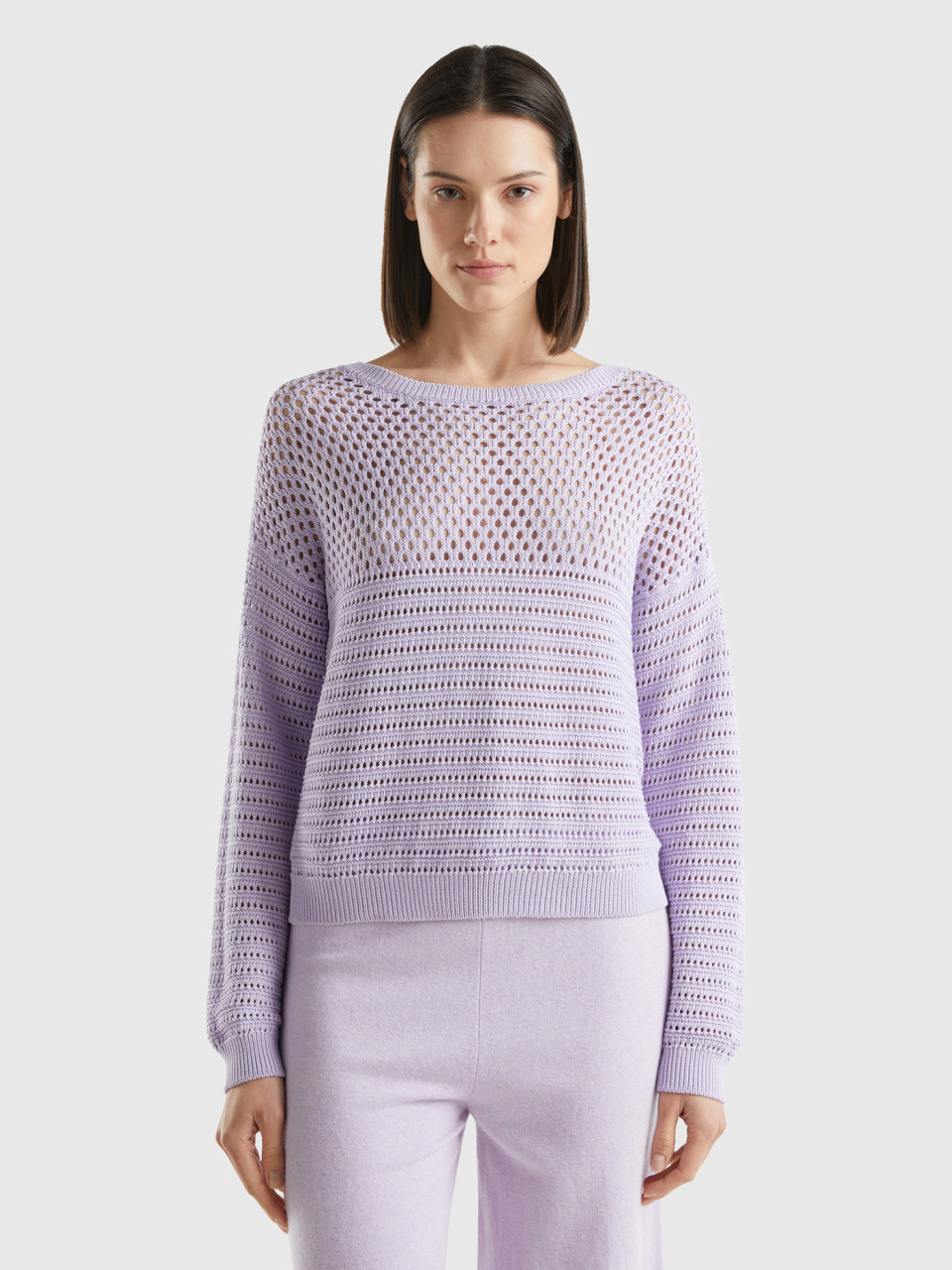 Benetton, Boxy Fit Sweater With Open Knit, Lilac, Women