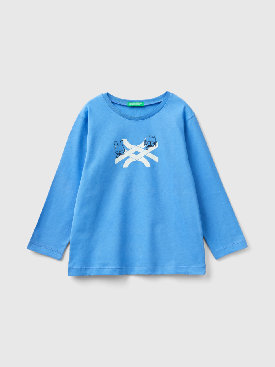 Benetton, Rundkragen-t-shirt Aus Warmer Bio-baumwolle, Blau, male