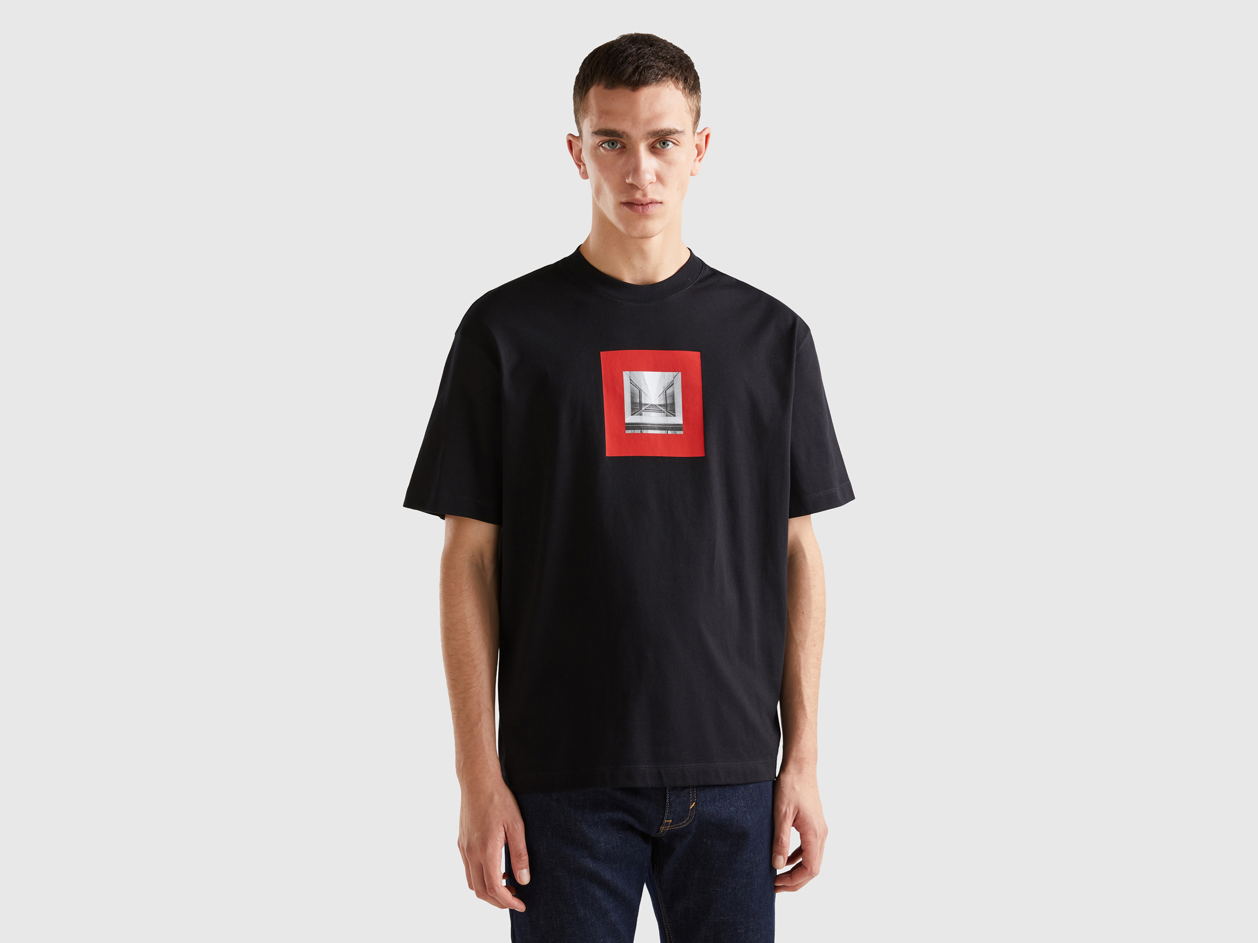 Benetton, Boxy Fit T-shirt With Print, size XXL, Black, Men