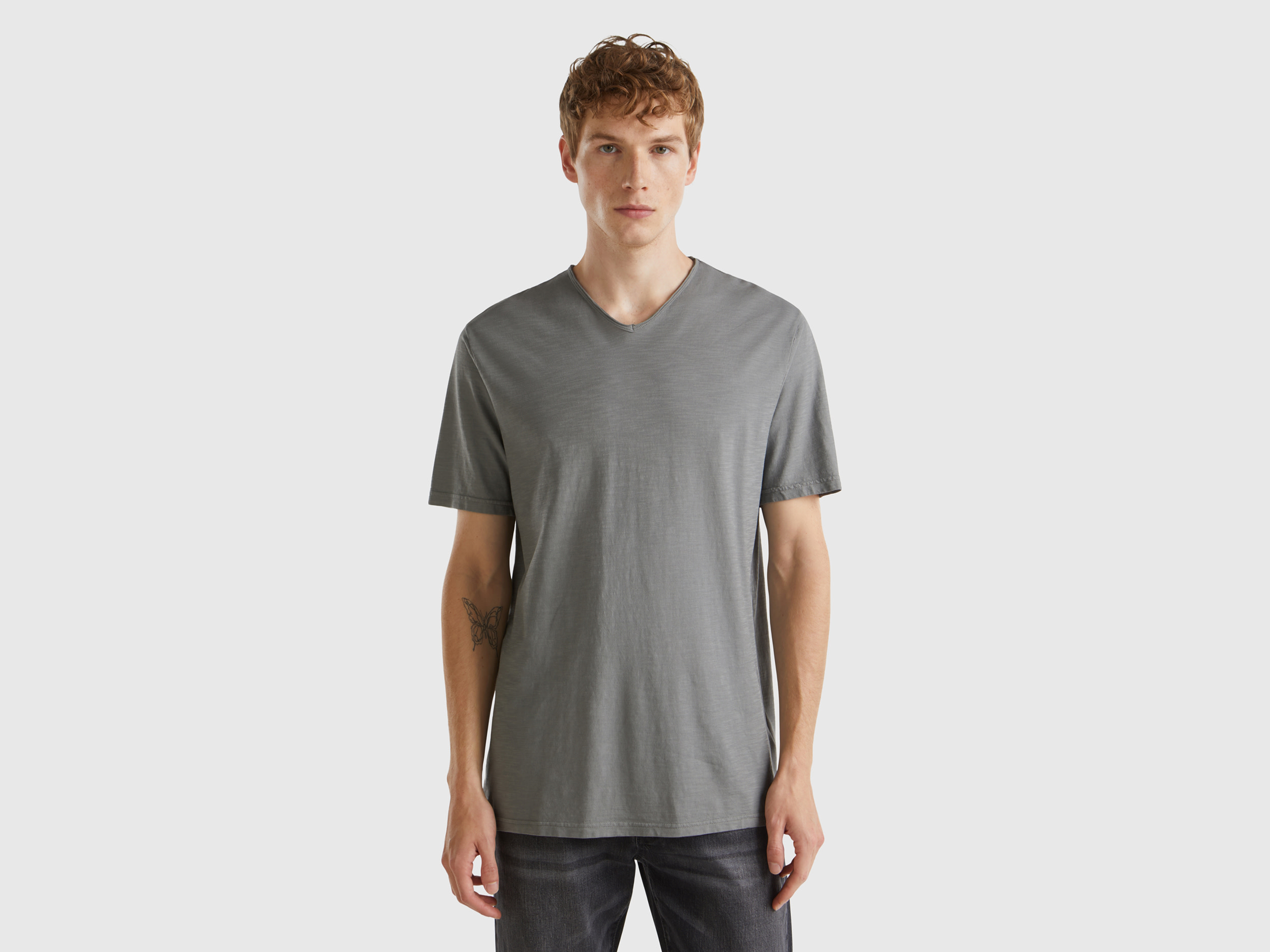 Benetton, T-shirt 100% Cotone Con Scollo A V, Grigio Scuro, Uomo