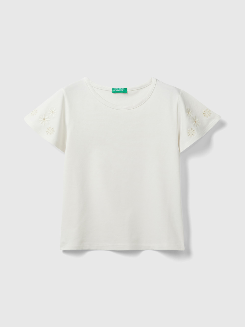 Benetton, T-shirt With Floral Embroidery, Creamy White, Kids