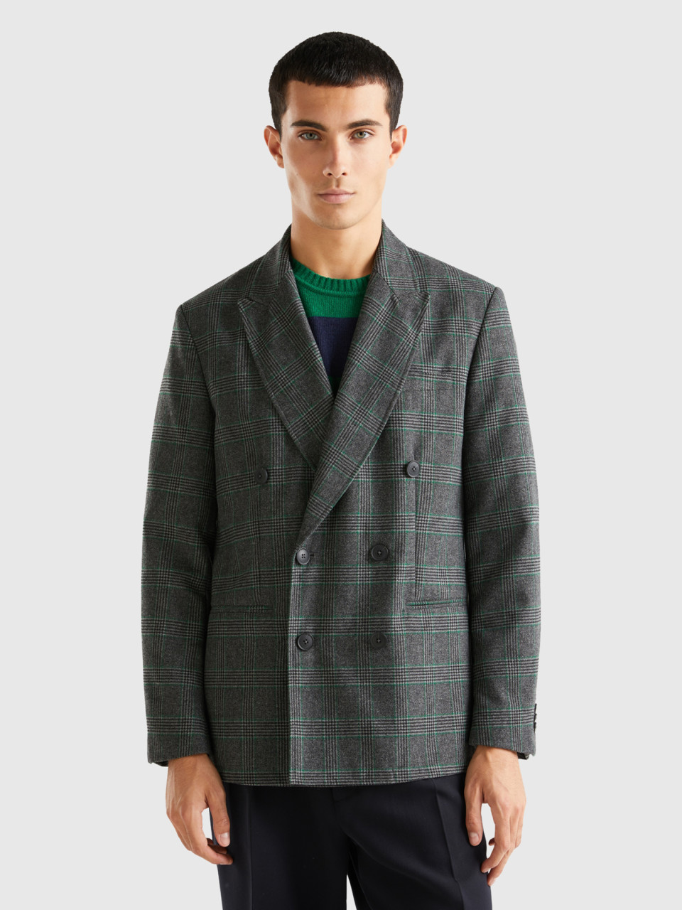 Benetton, Double-breasted Prince Of Wales Jacket, Gray, Men