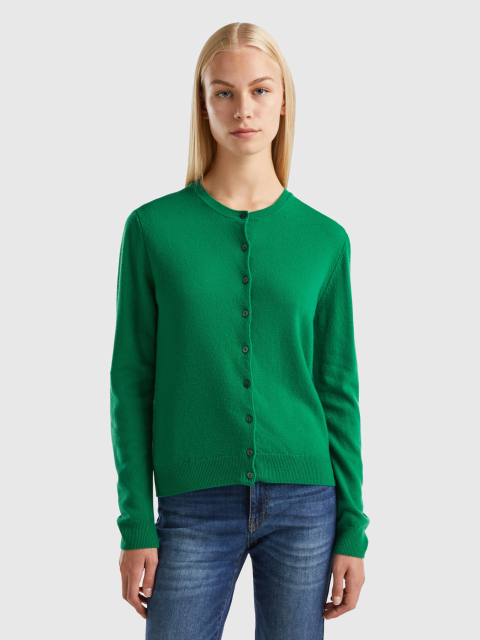 Benetton, Forest Green Crew Neck Cardigan In Pure Merino Wool, Green, Women