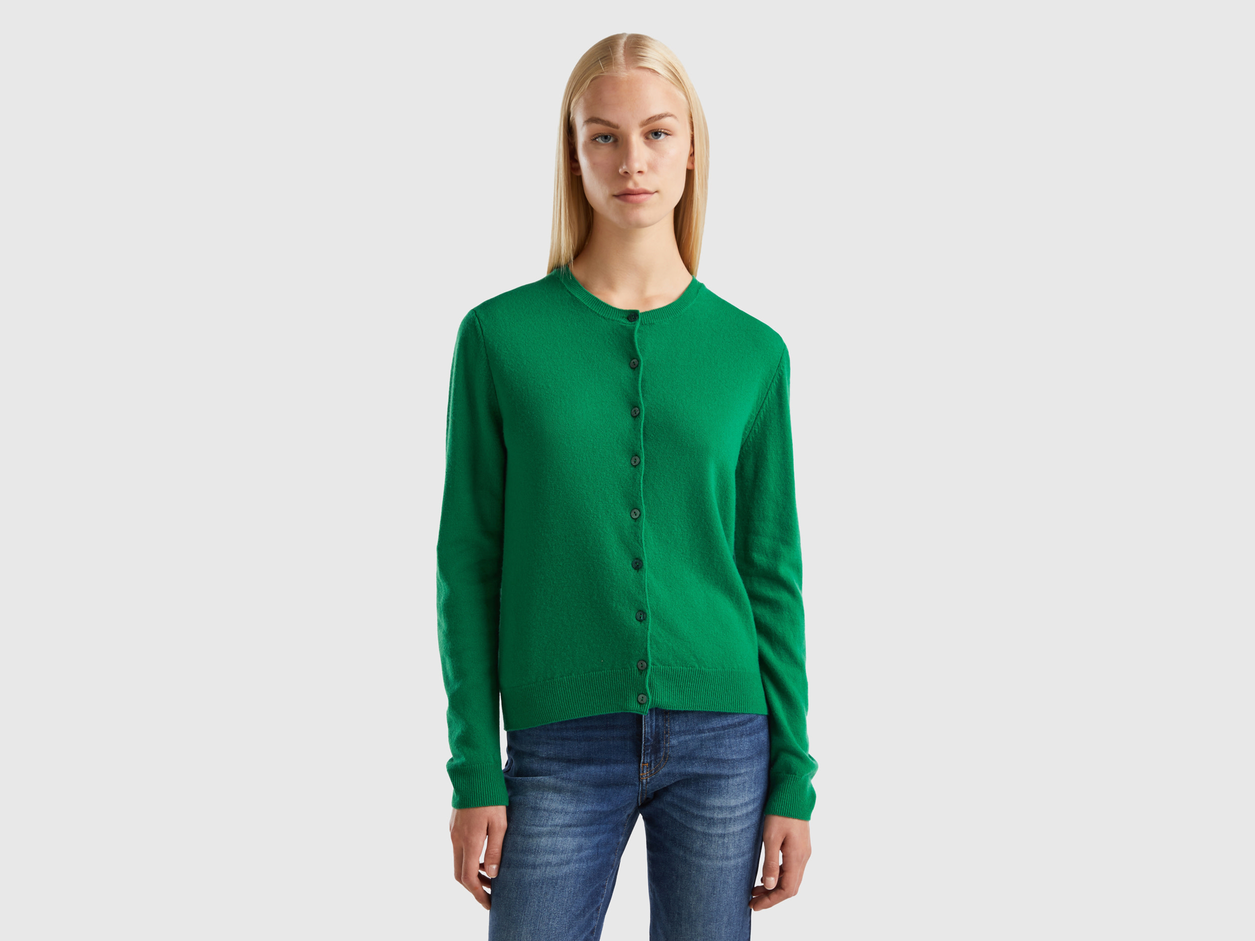 Benetton, Forest Green Crew Neck Cardigan In Pure Merino Wool, size S, Green, Women