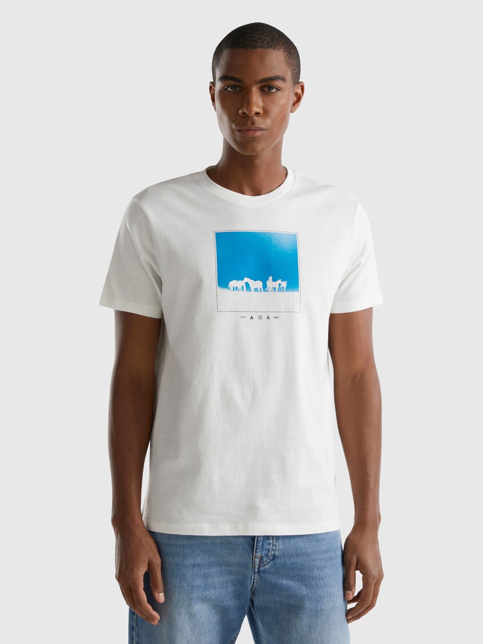 Benetton, T-shirt Regular Fit Mit Print, Cremeweiss, male