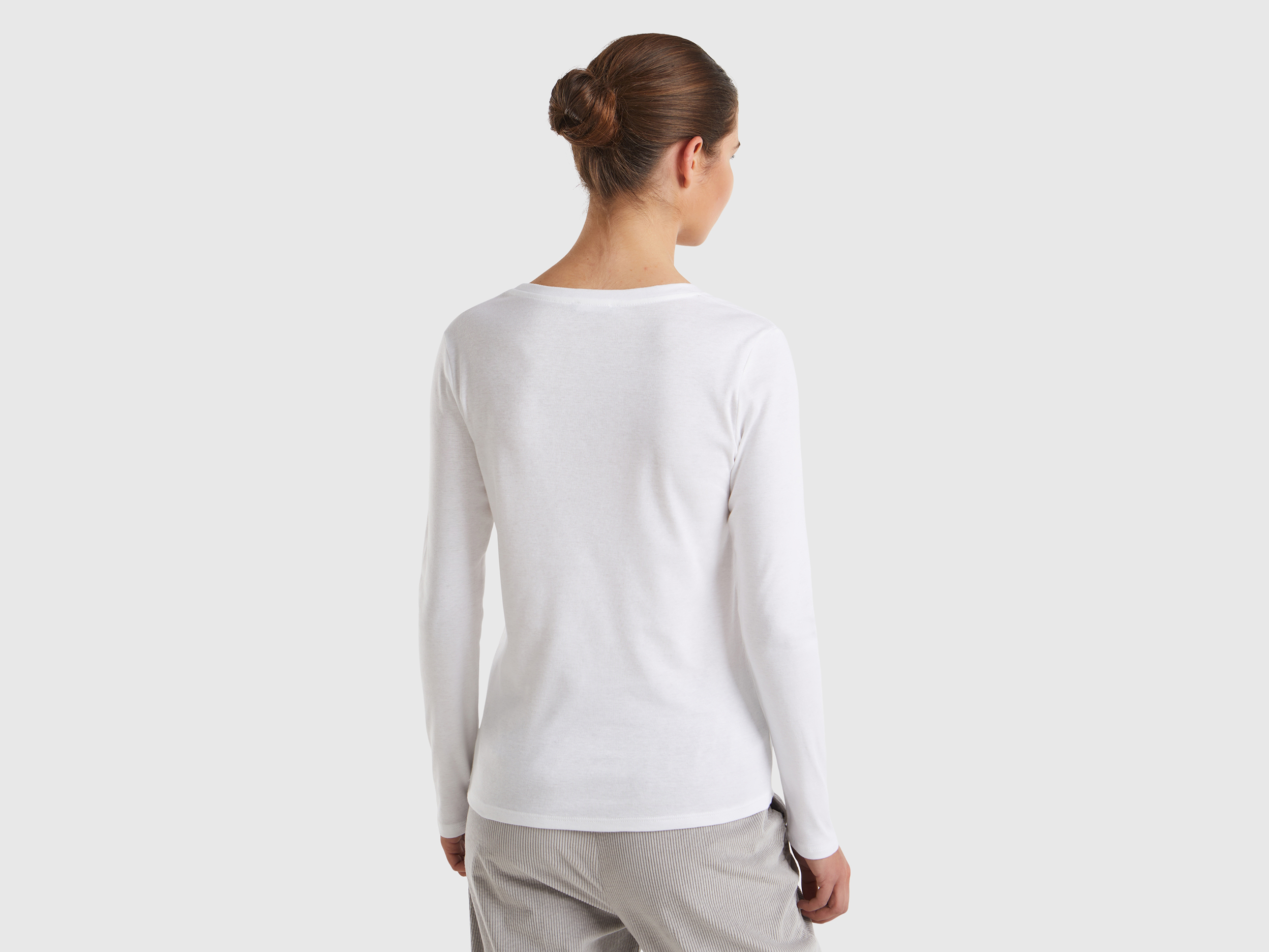 Benetton, T-shirt Μακρυμάνικο Με V Λαιμόκοψη, size L, Λευκο, Γυναικεία φωτογραφία