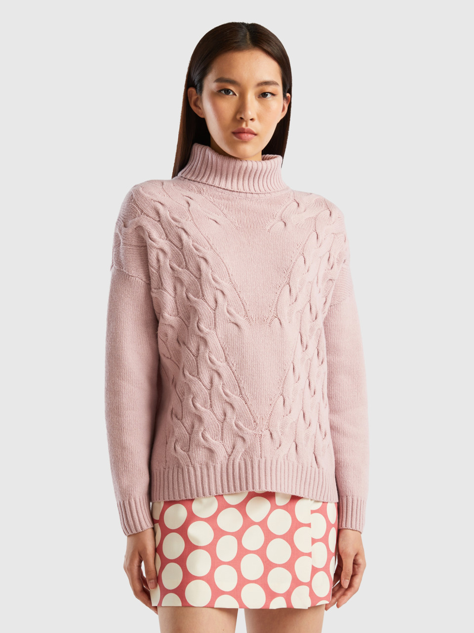 Benetton, Turtleneck With Cables, Soft Pink, Women