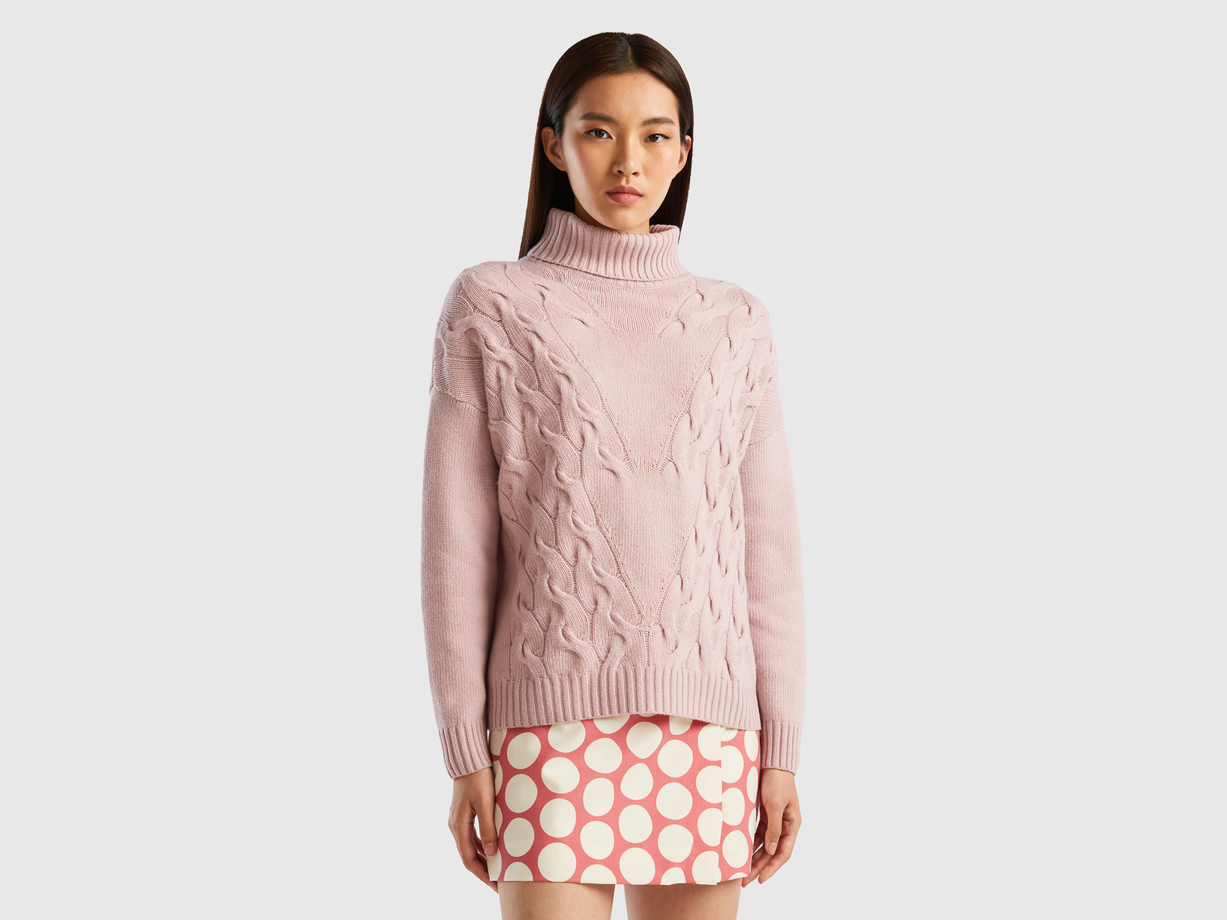 Benetton, Turtleneck With Cables, size L-XL, Soft Pink, Women