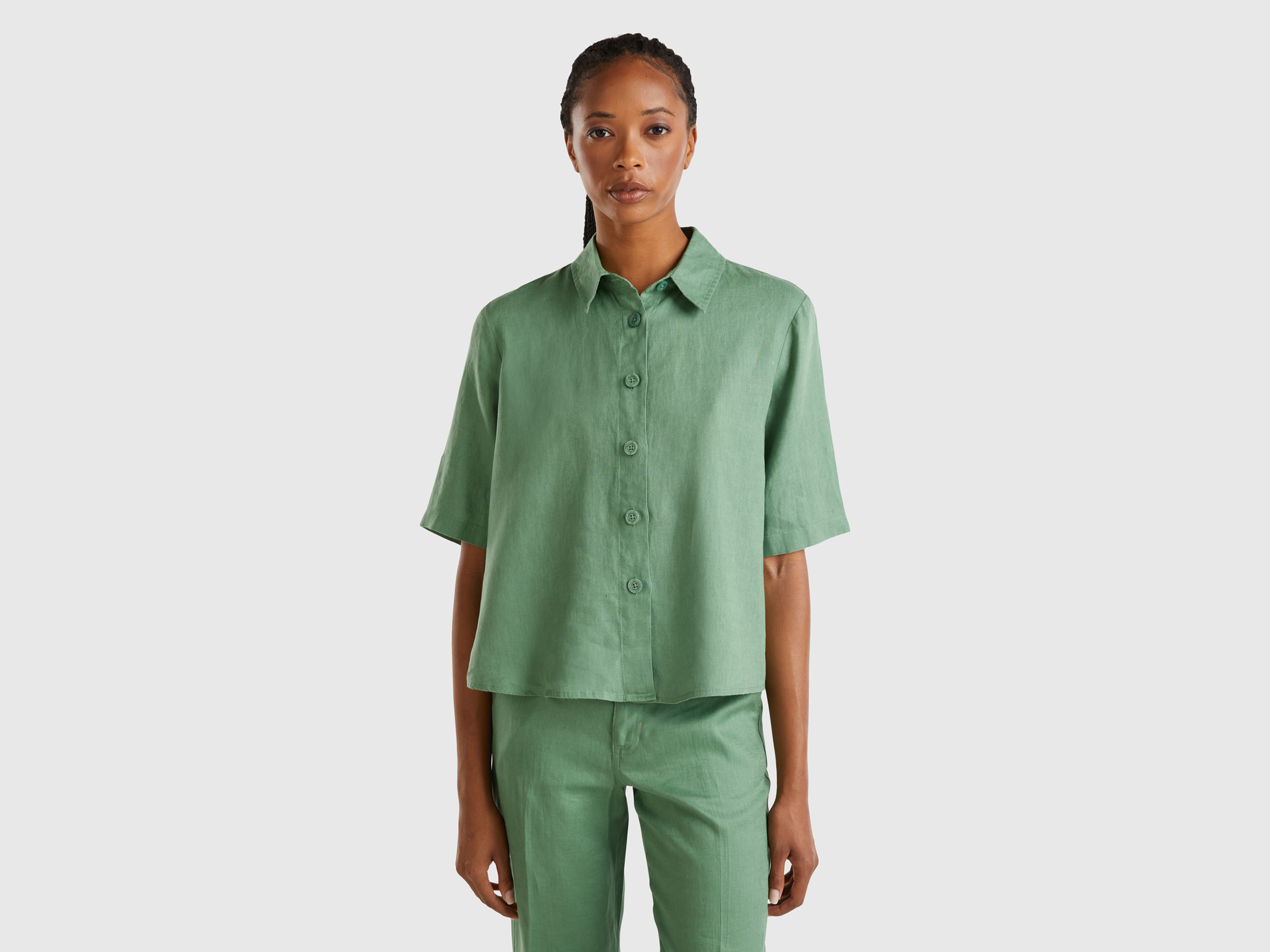 Benetton, Camicia Corta In Puro Lino, Verde, Donna