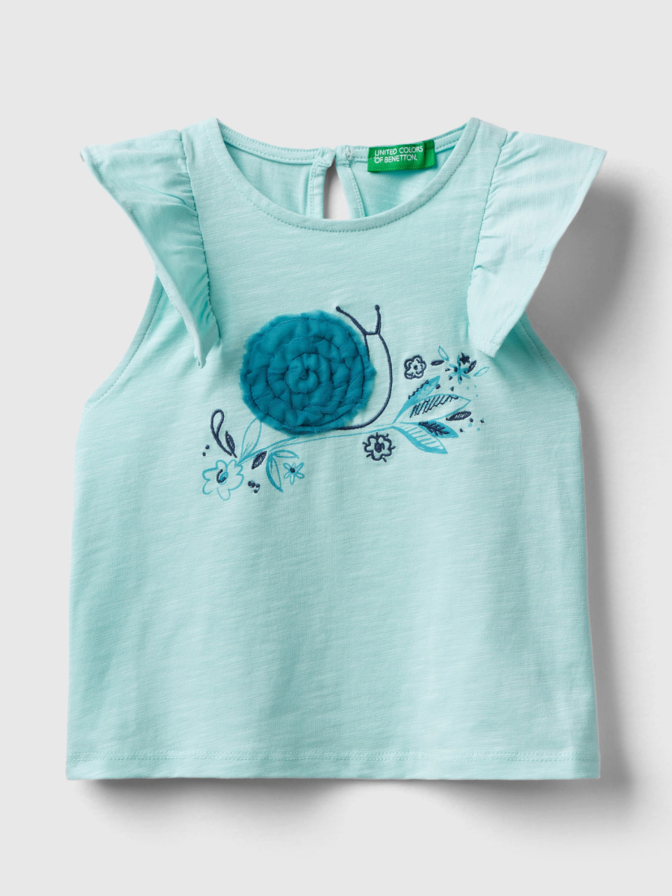 Benetton, T-shirt With Print And Tulle, Aqua, Kids