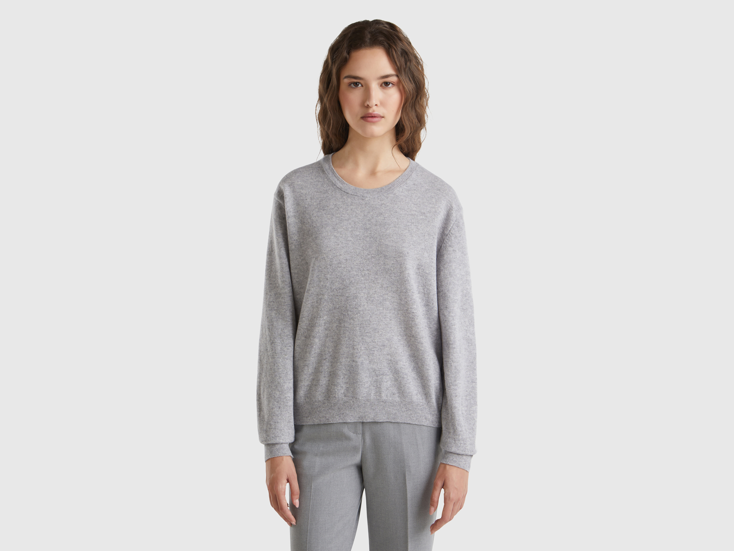 Benetton, Maglia Relaxed Fit In Pura Lana Merino, Grigio Chiaro, Donna