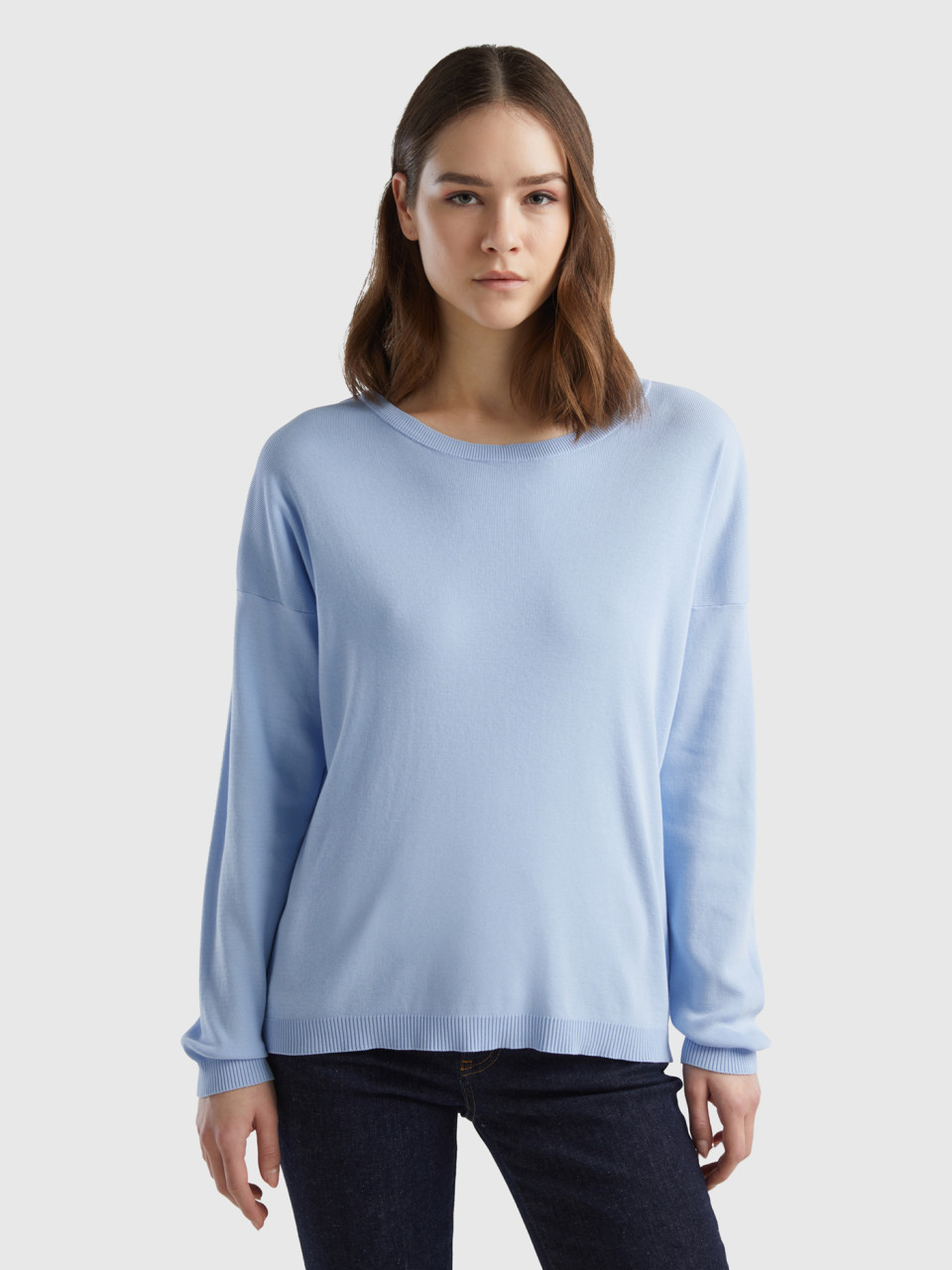 Benetton, Cotton Sweater With Round Neck, Sky Blue, Women