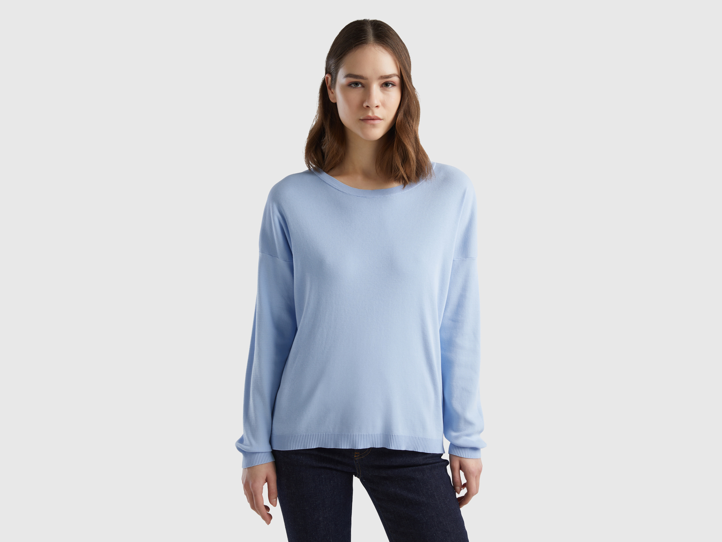 Benetton, Maglia In Cotone Con Scollo Rotondo, Celeste, Donna