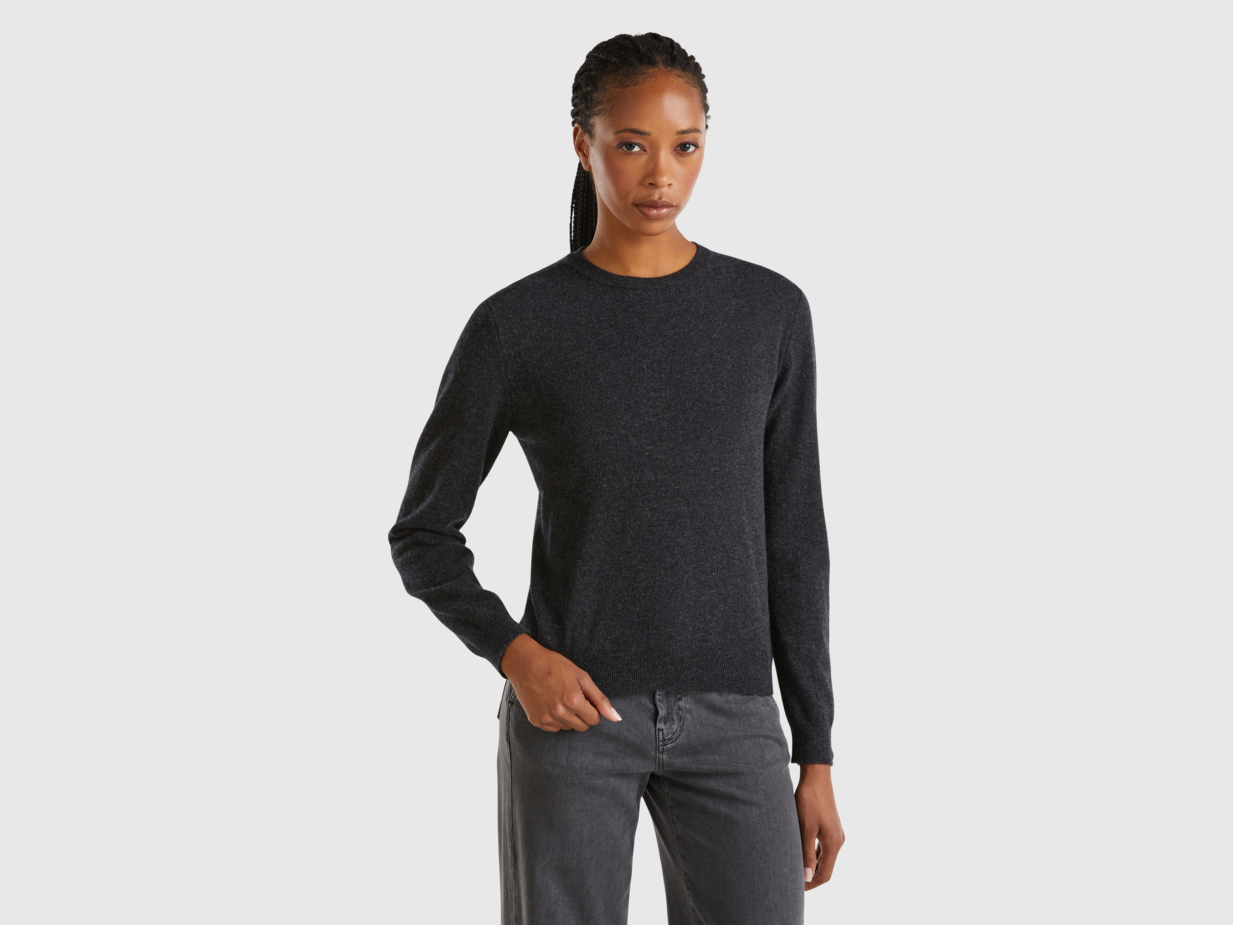 Benetton, Maglia Girocollo Antracite In Pura Lana Merino, Grigio Scuro, Donna