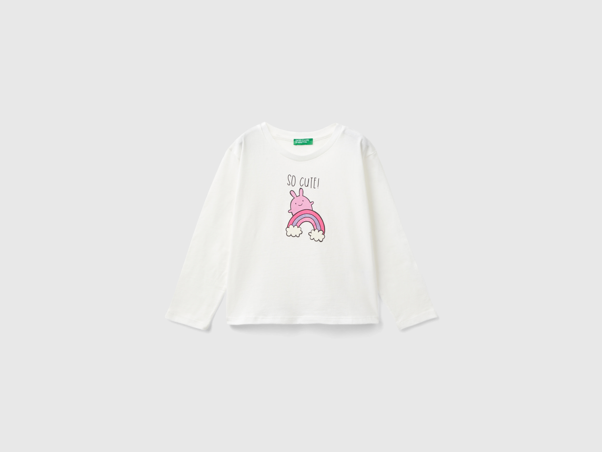 Benetton, T-shirt In Cotone Bio Con Stampa, Bianco Panna, Bambini