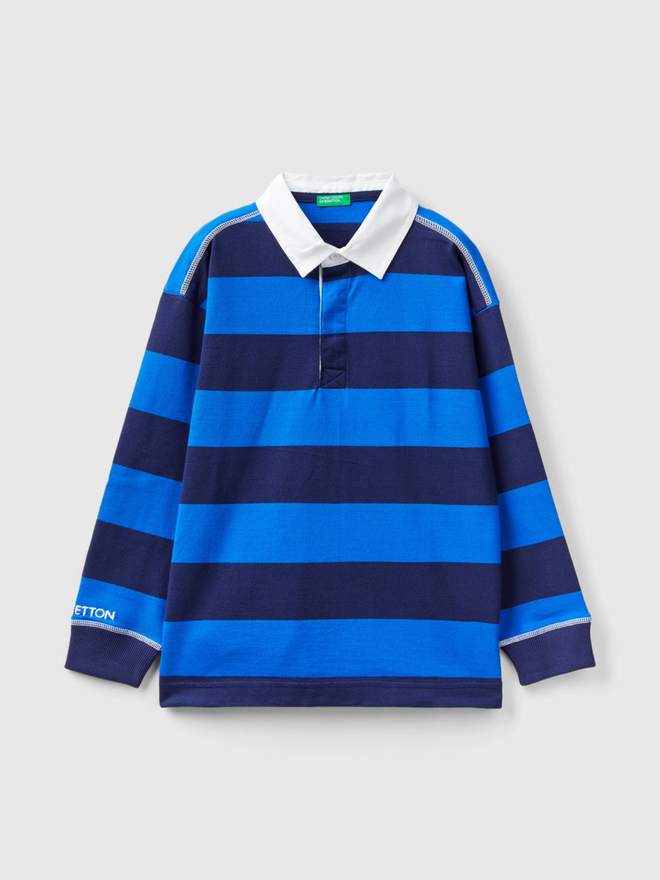 Benetton, Rugby Polo With Cornflower Blue And Dark Blue Stripes, Multi-color, Kids