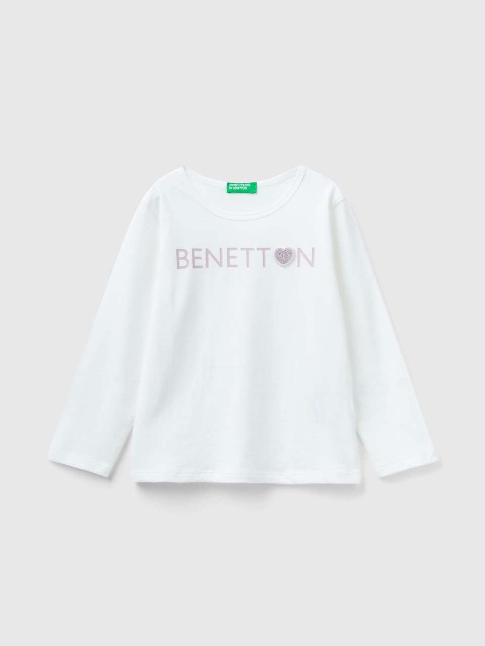 Benetton, Organic Cotton T-shirt With Glittery Print, Creamy White, Kids
