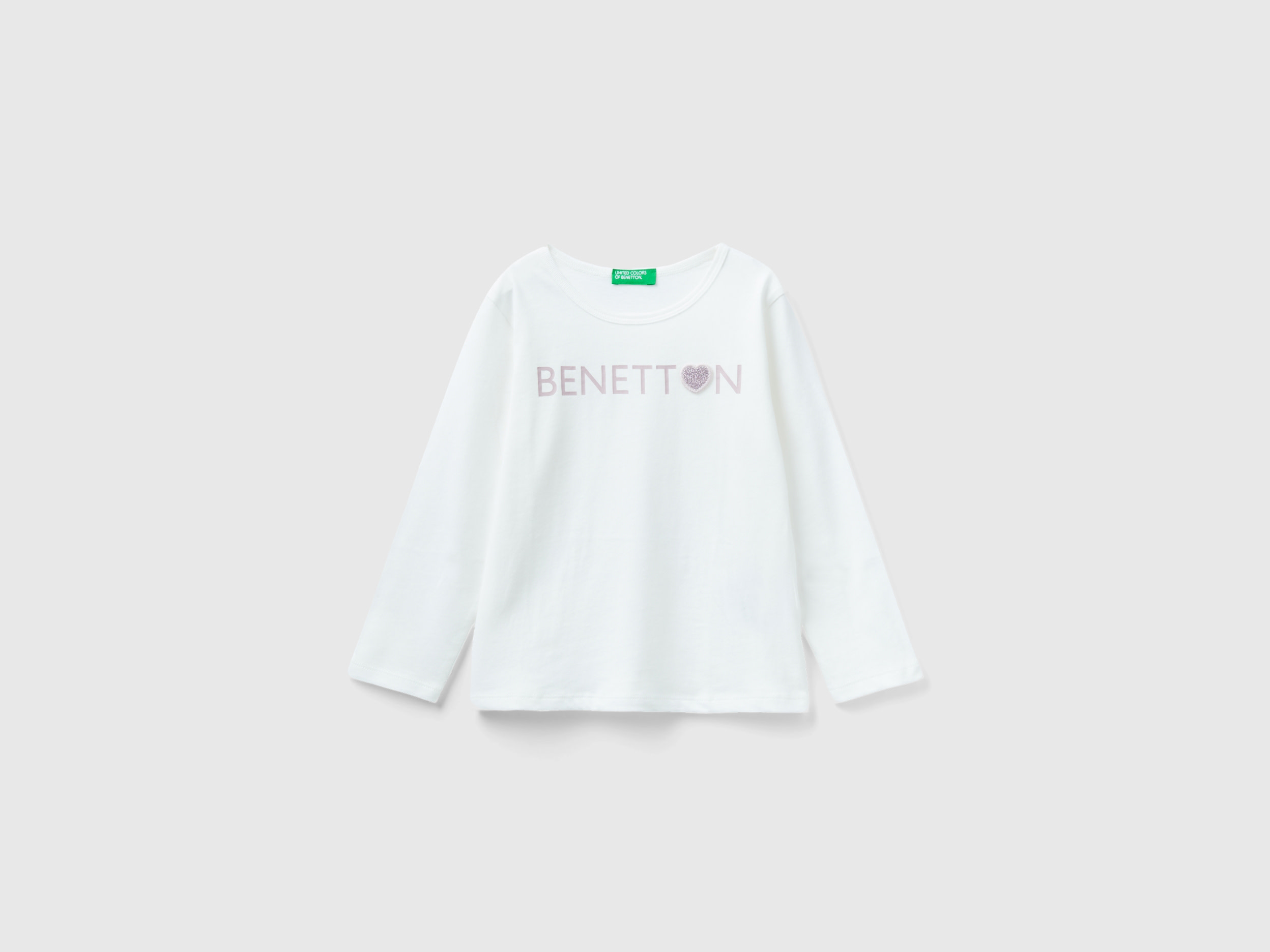 Benetton, Organic Cotton T-shirt With Glittery Print, size 12-18, Creamy White, Kids