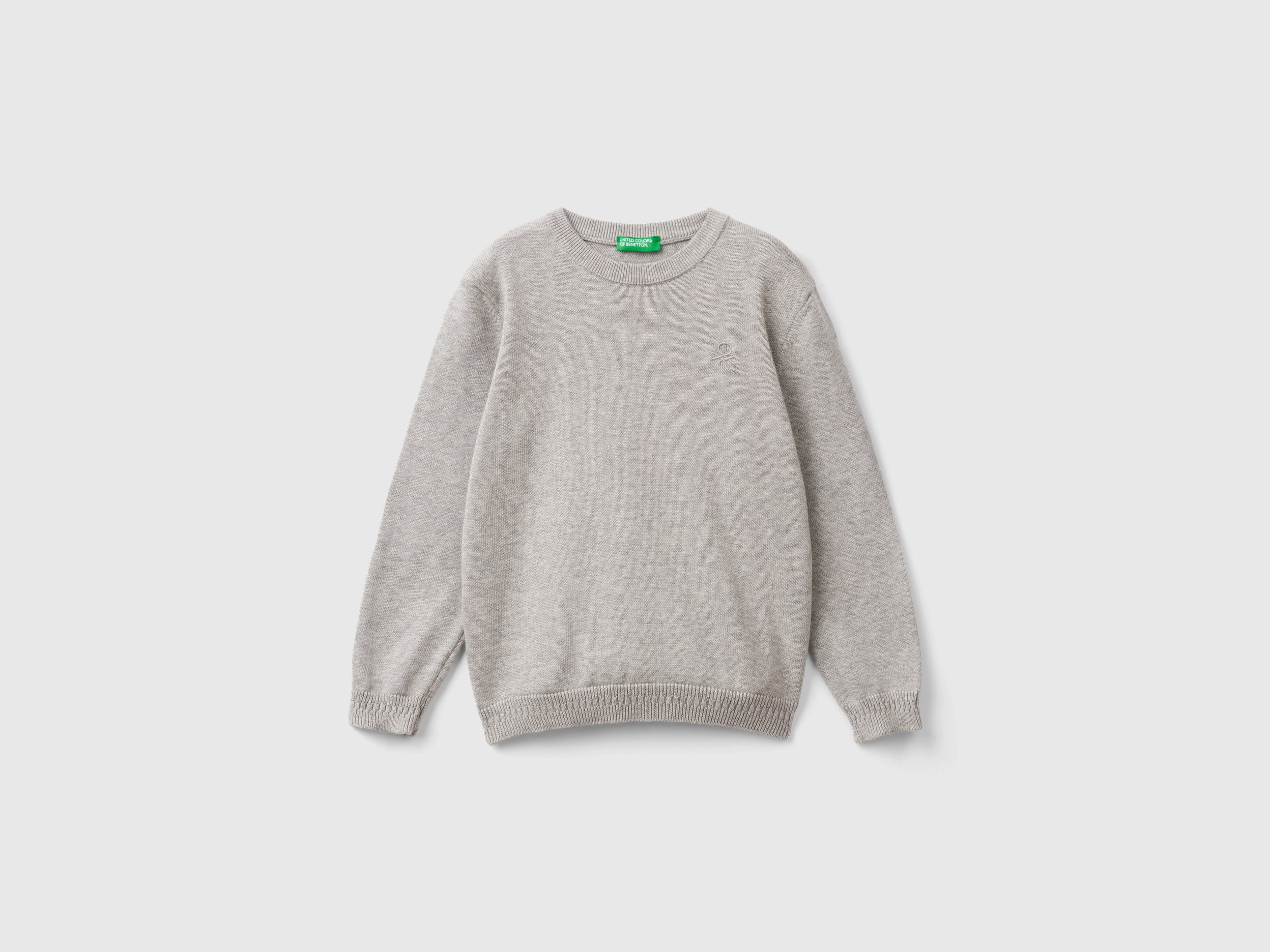 Benetton, Maglioncino In Puro Cotone Con Logo, Grigio Chiaro, Bambini