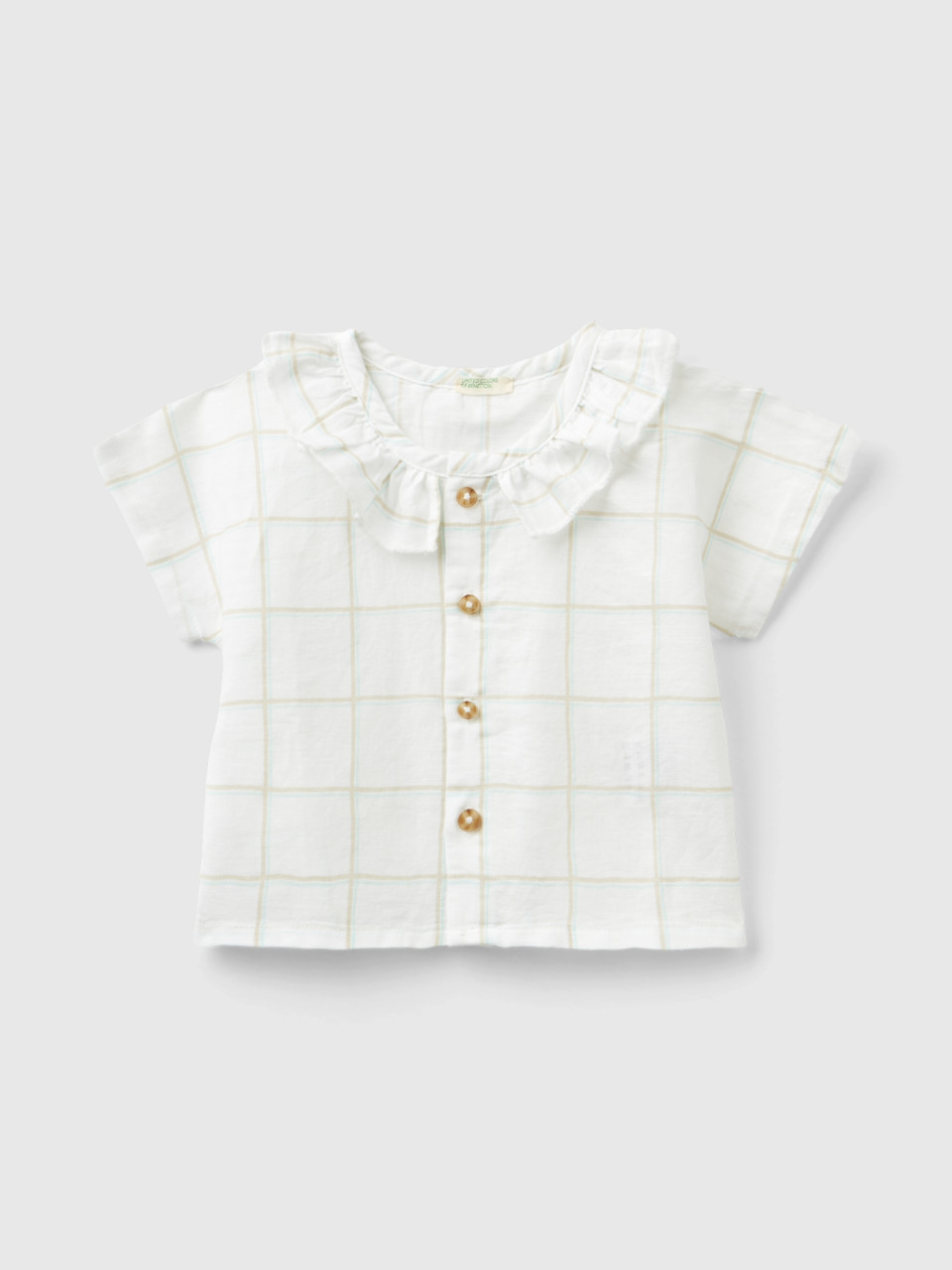 Benetton, Check Shirt With Frill, White, Kids