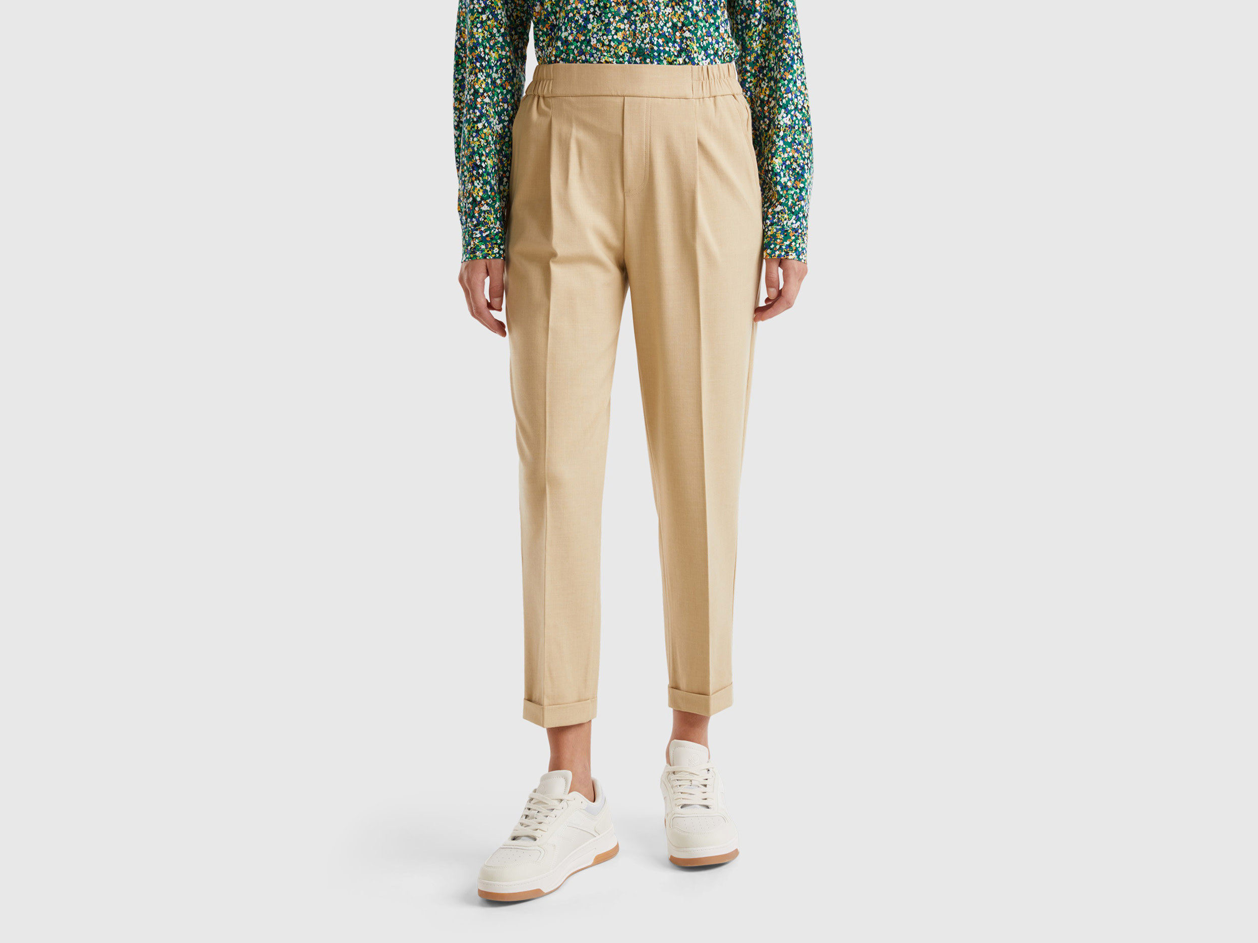 Benetton, Pantaloni Con Risvolto In Misto Viscosa Stretch, Beige, Donna