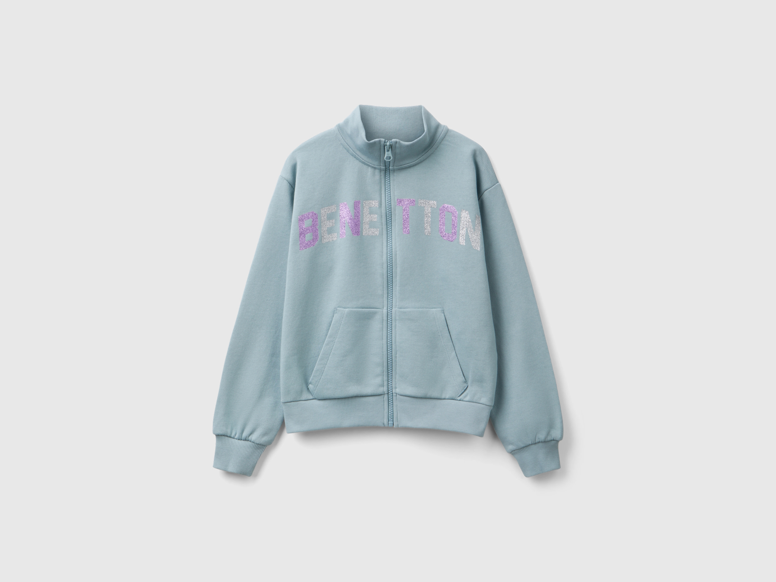 Benetton, Felpa Con Zip E Colletto, Grigio Perla, Bambini