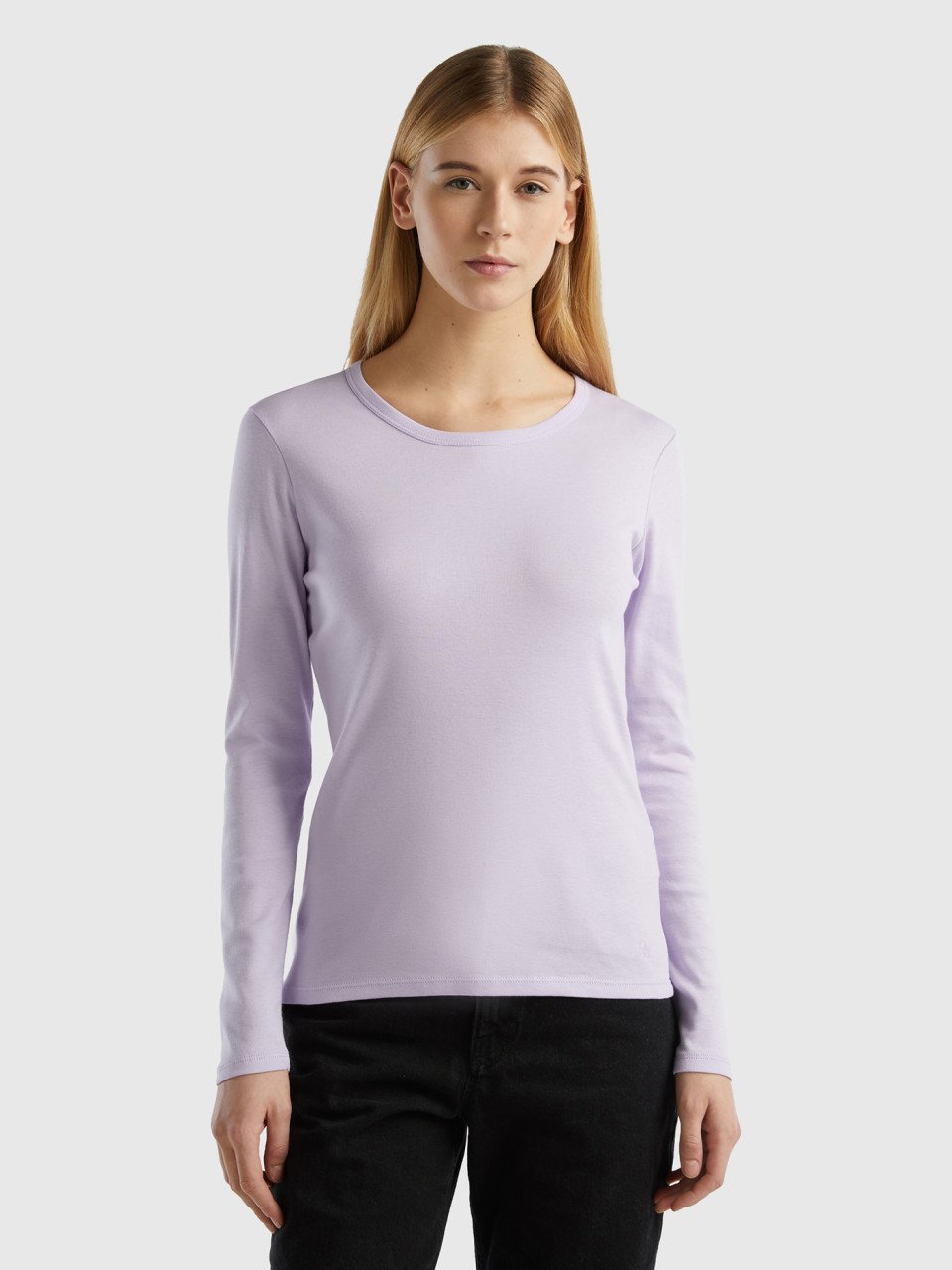 Benetton, Long Sleeve Pure Cotton T-shirt, Lilac, Women