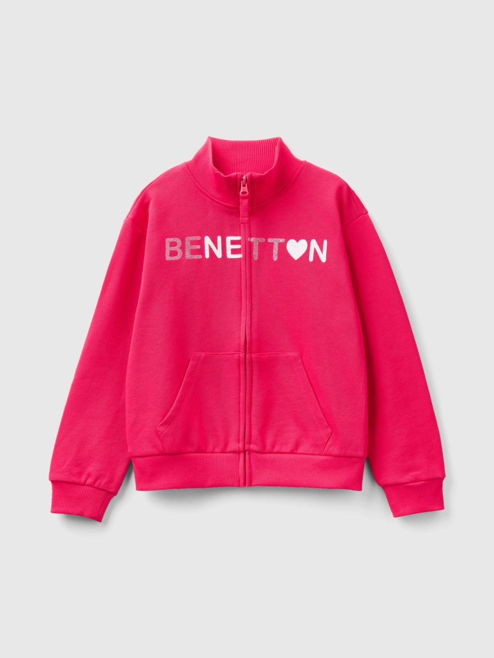 Benetton, Sweatshirt With Zip And Collar, Fuchsia, Kids