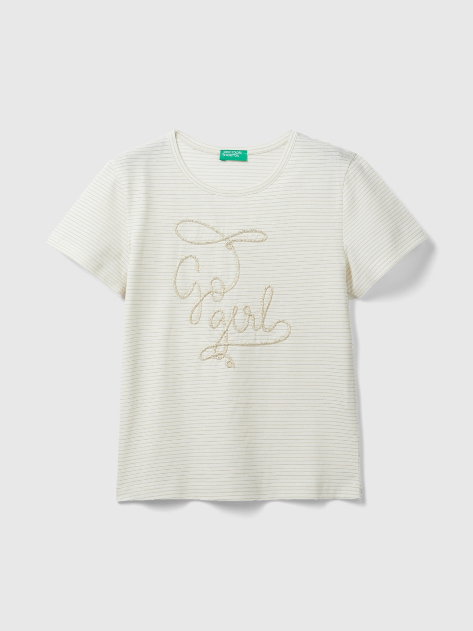 Benetton, T-shirt With Cord Embroidery, Creamy White, Kids