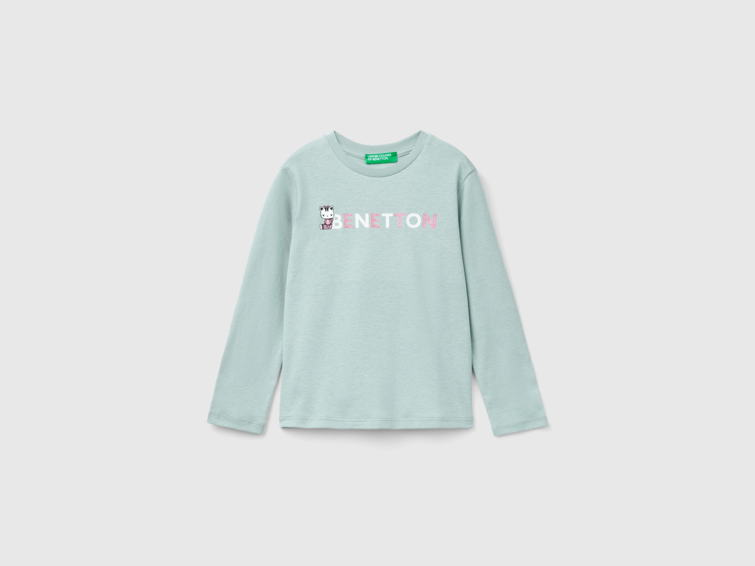 Benetton, T-shirt Con Stampa Glitter In Cotone Bio, Grigio Perla, Bambini