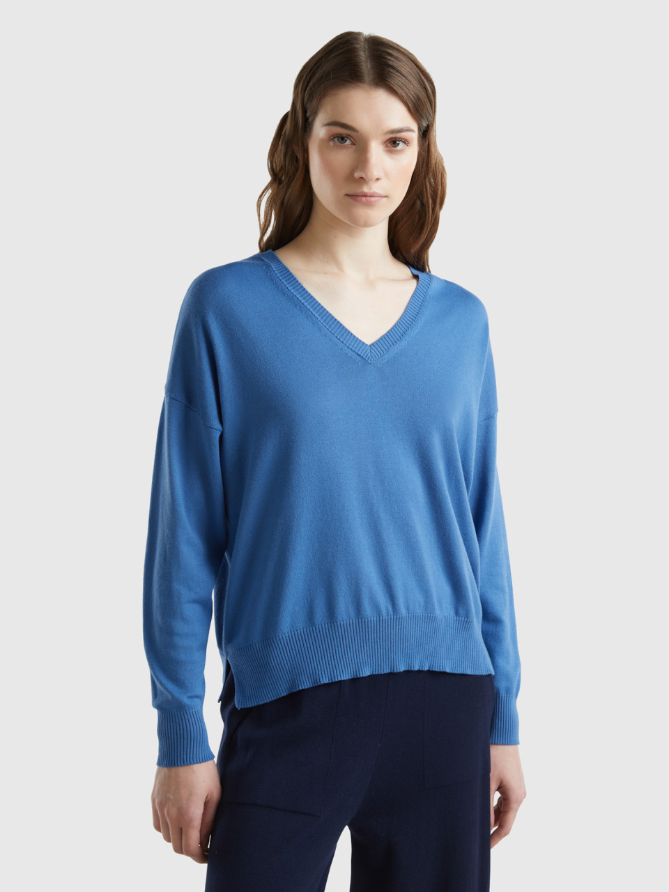 Benetton, V-neck Sweater In Modal® Blend, Blue, Women