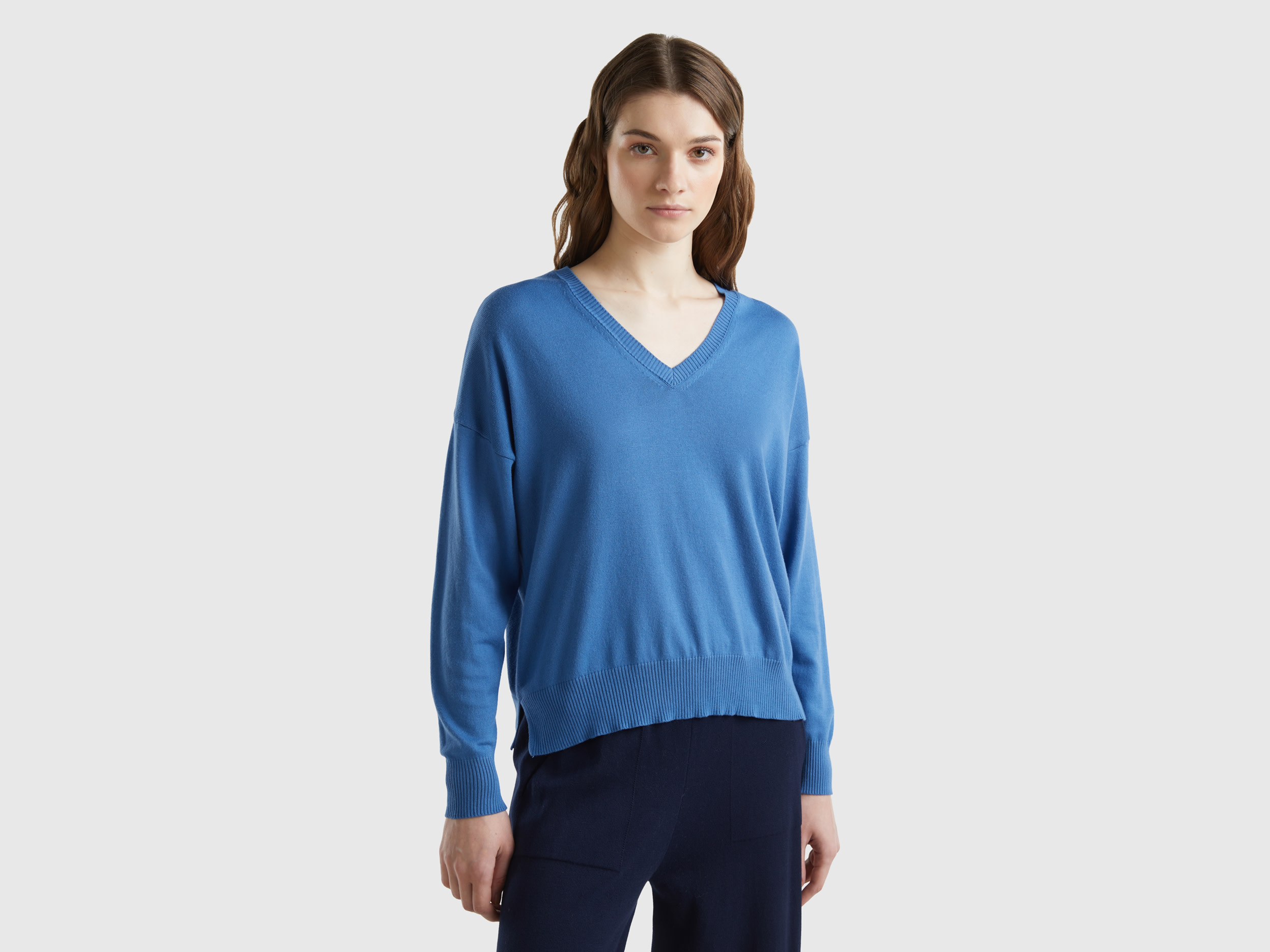 Benetton, Maglia Scollo A V In Misto Modal®, Blu, Donna