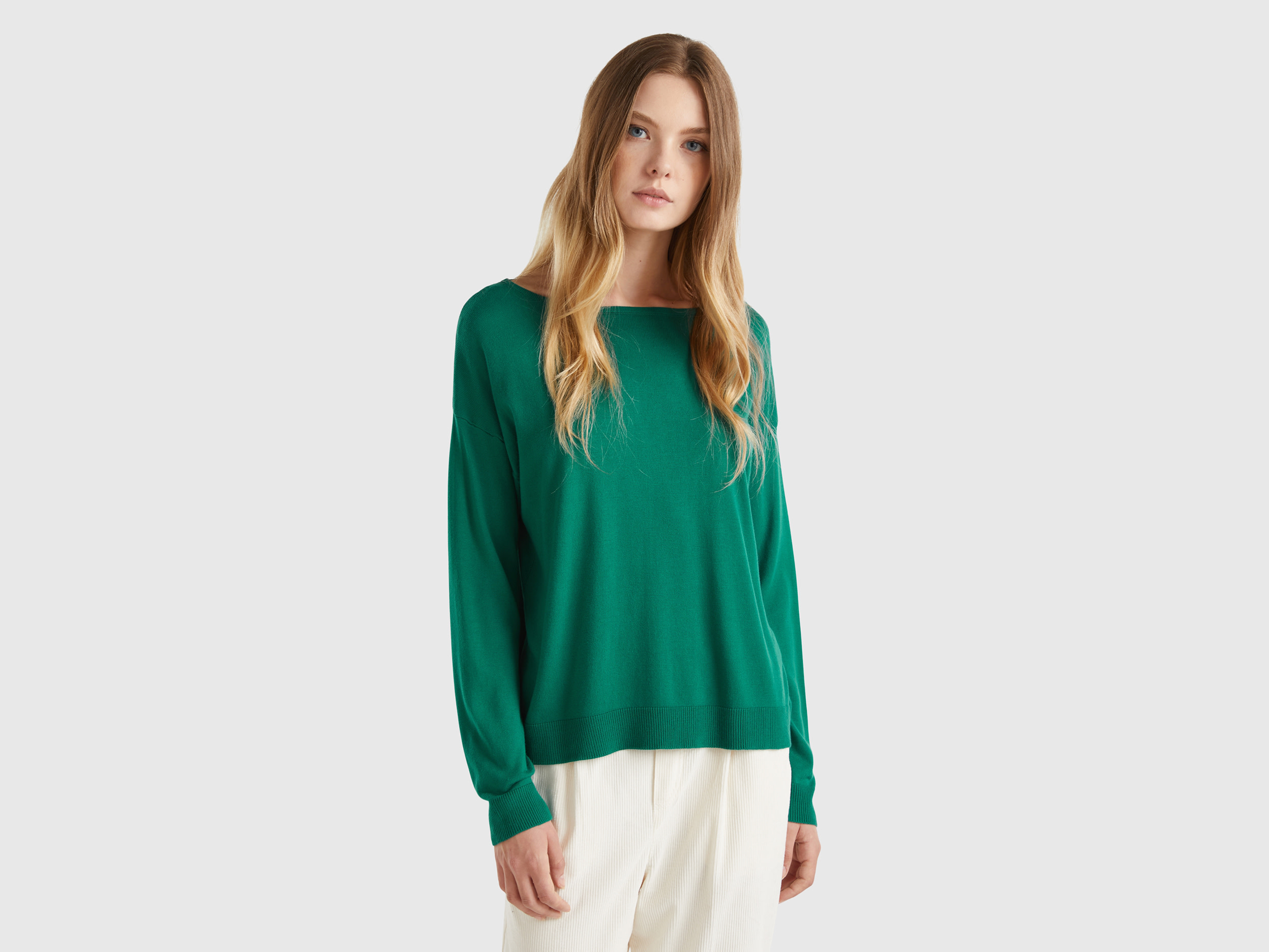Benetton, Maglia Con Scollo A Barchetta, Verde Scuro, Donna