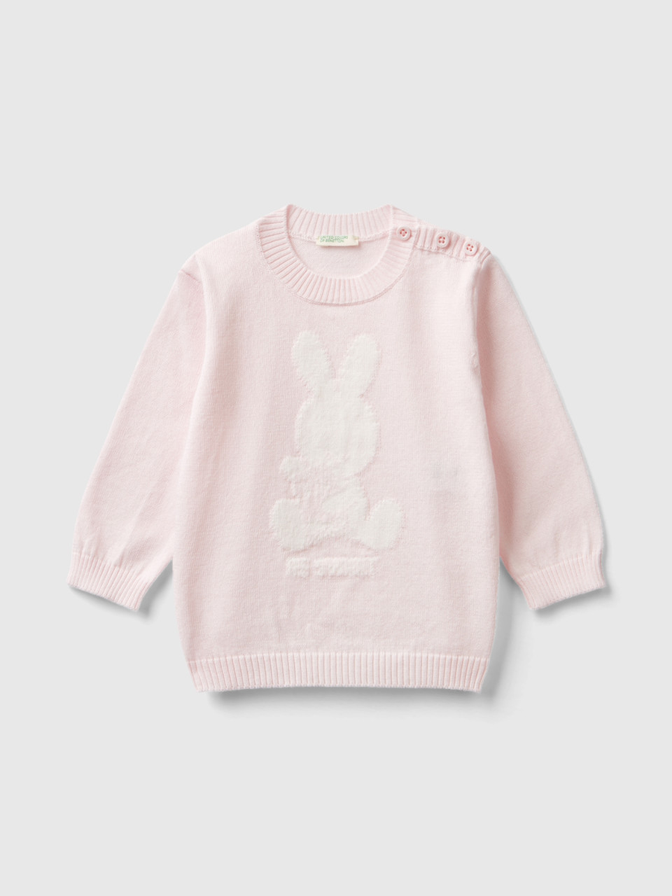 Benetton, Warm Cotton Sweater With Inlay, Soft Pink, Kids