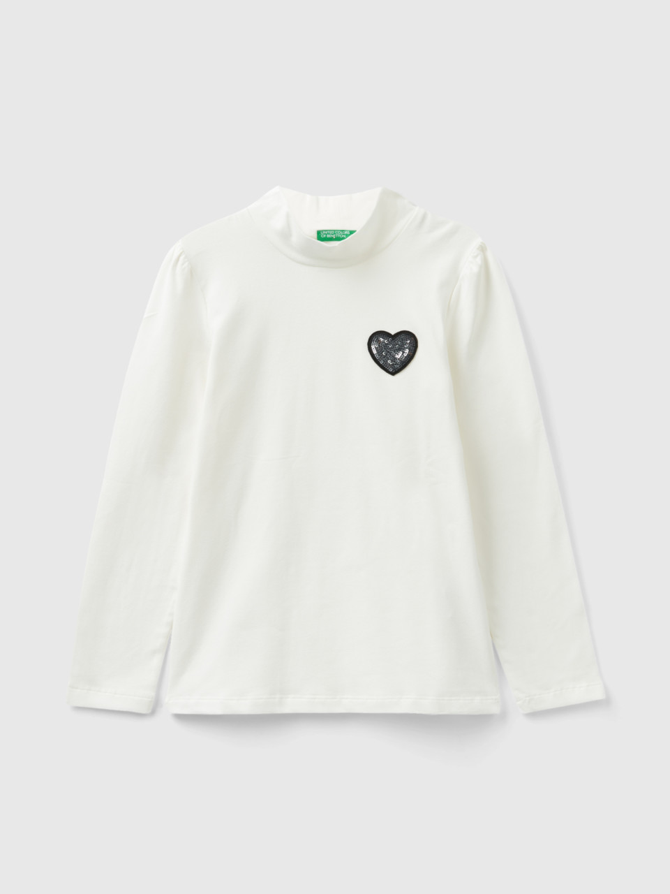 Benetton, Turtle Neck T-shirt Con Sequined Patch, White, Kids