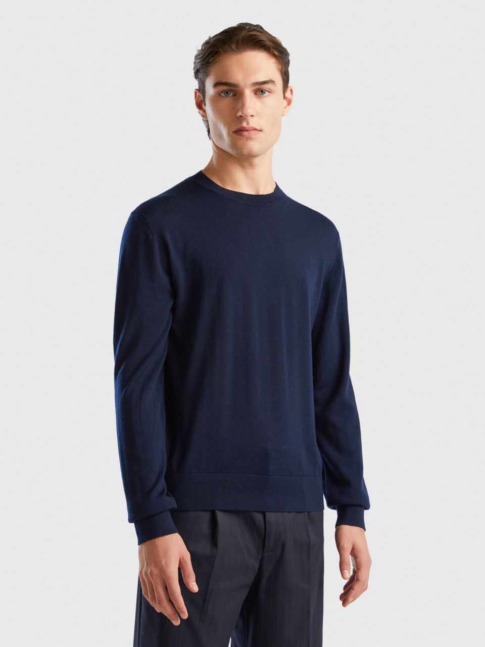 Benetton, Dark Blue Sweater In Pure Merino Wool, Dark Blue, Men